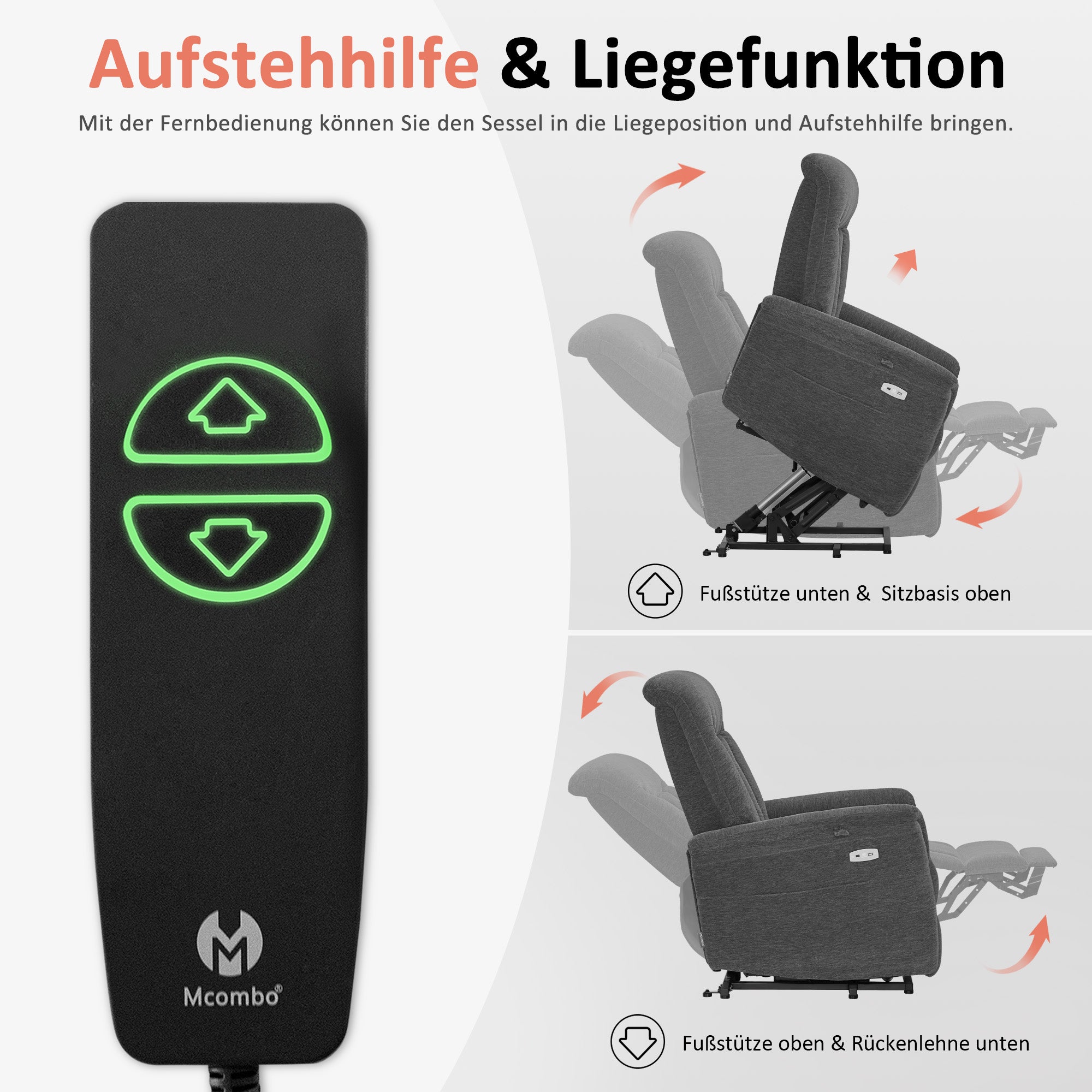 MCombo Poltrona TV elettrica reclinabile con sollevamento assistito, reclinabile fino a 145°, cuscino di seduta in schiuma 35D 7117 (ciniglia, grigio)