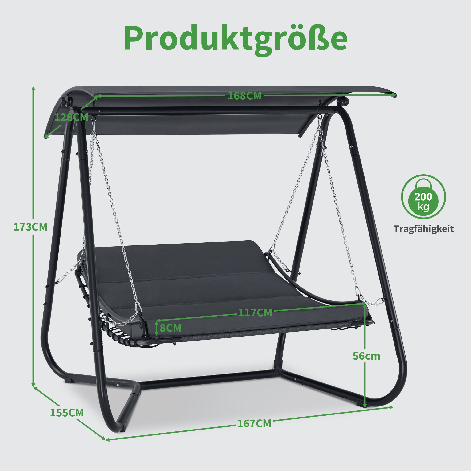 MCombo Dondolo Hollywood con funzione reclinabile, lettino da giardino per esterni, resistente alle intemperie, con parasole e cuscino di seduta extra spesso, dimensioni 167x155x173 cm, codice 8012 (grigio)