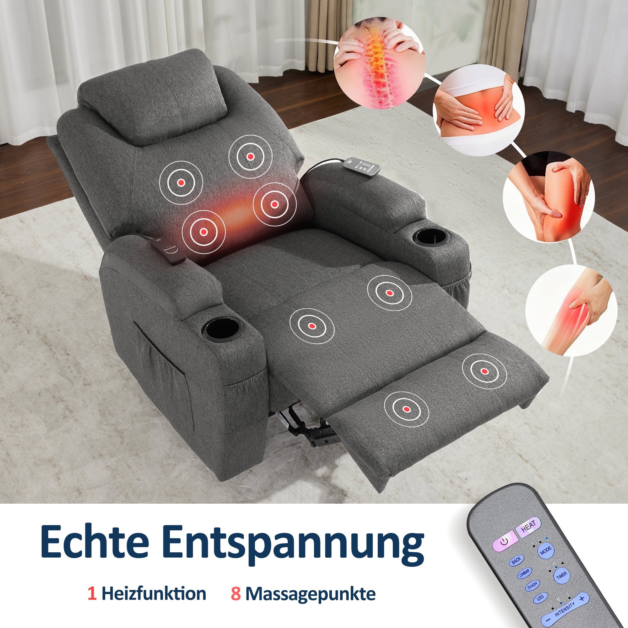 MCombo Poltrona relax elettrica, poltrona massaggiante, poltrona TV, funzione reclinabile, vibrazione, riscaldamento 7061