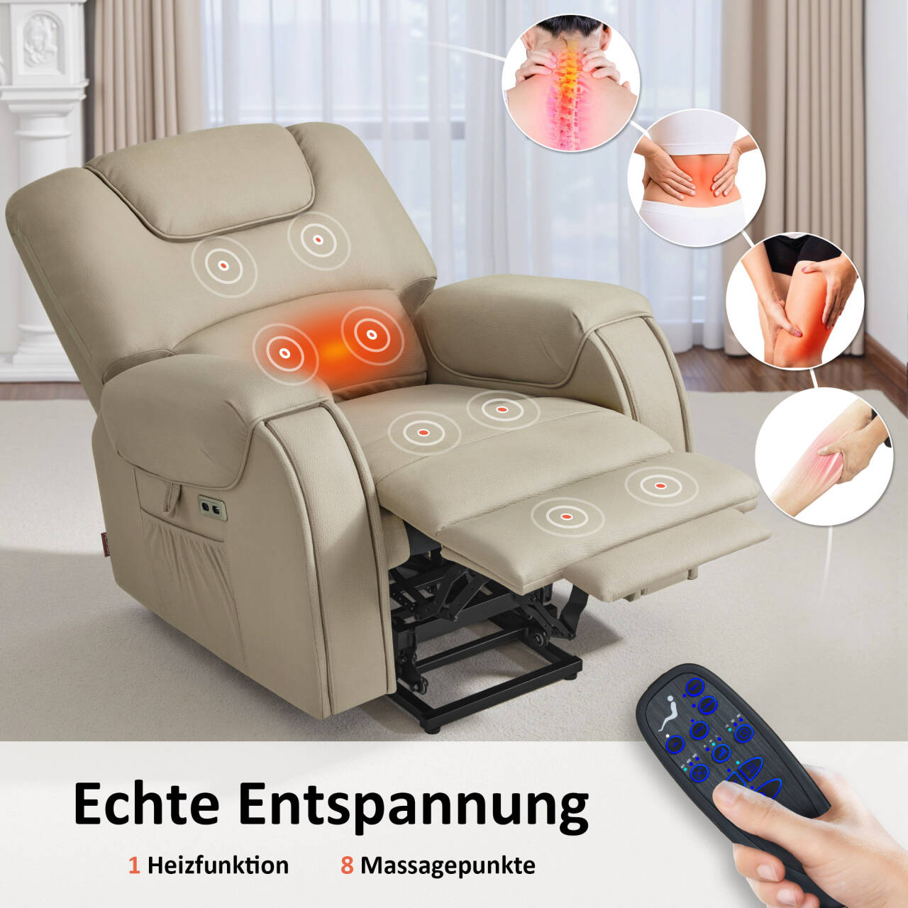 MCombo Poltrona TV elettrica con sollevamento assistito, massaggio e riscaldamento, schienale reclinabile fino a 145°, cuscino di seduta in schiuma 35D, portabicchieri a scomparsa 7252