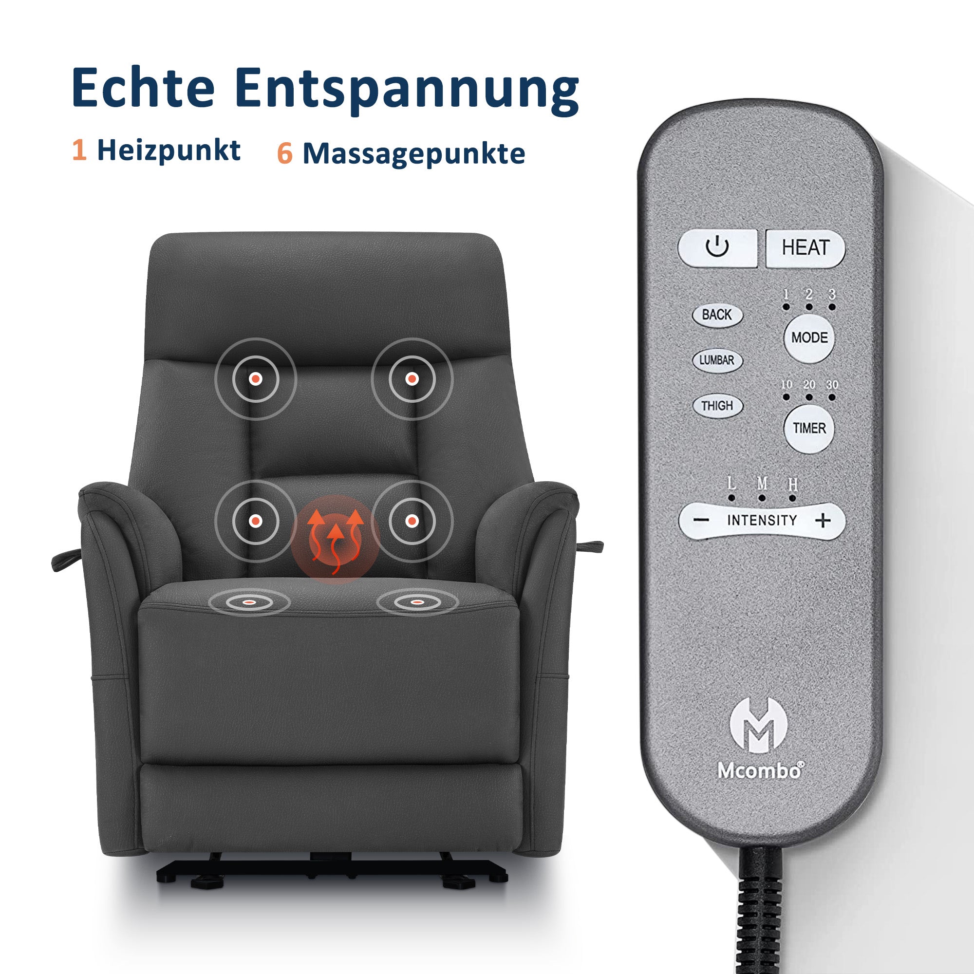 MCombo Poltrona reclinabile elettricamente regolabile, poltrona TV a 3 cm dalla parete, poltrona massaggiante reclinabile con funzione reclinabile, poltrona TV per piccoli spazi, porte USB e Type-C e cuscino lombare, 7063
