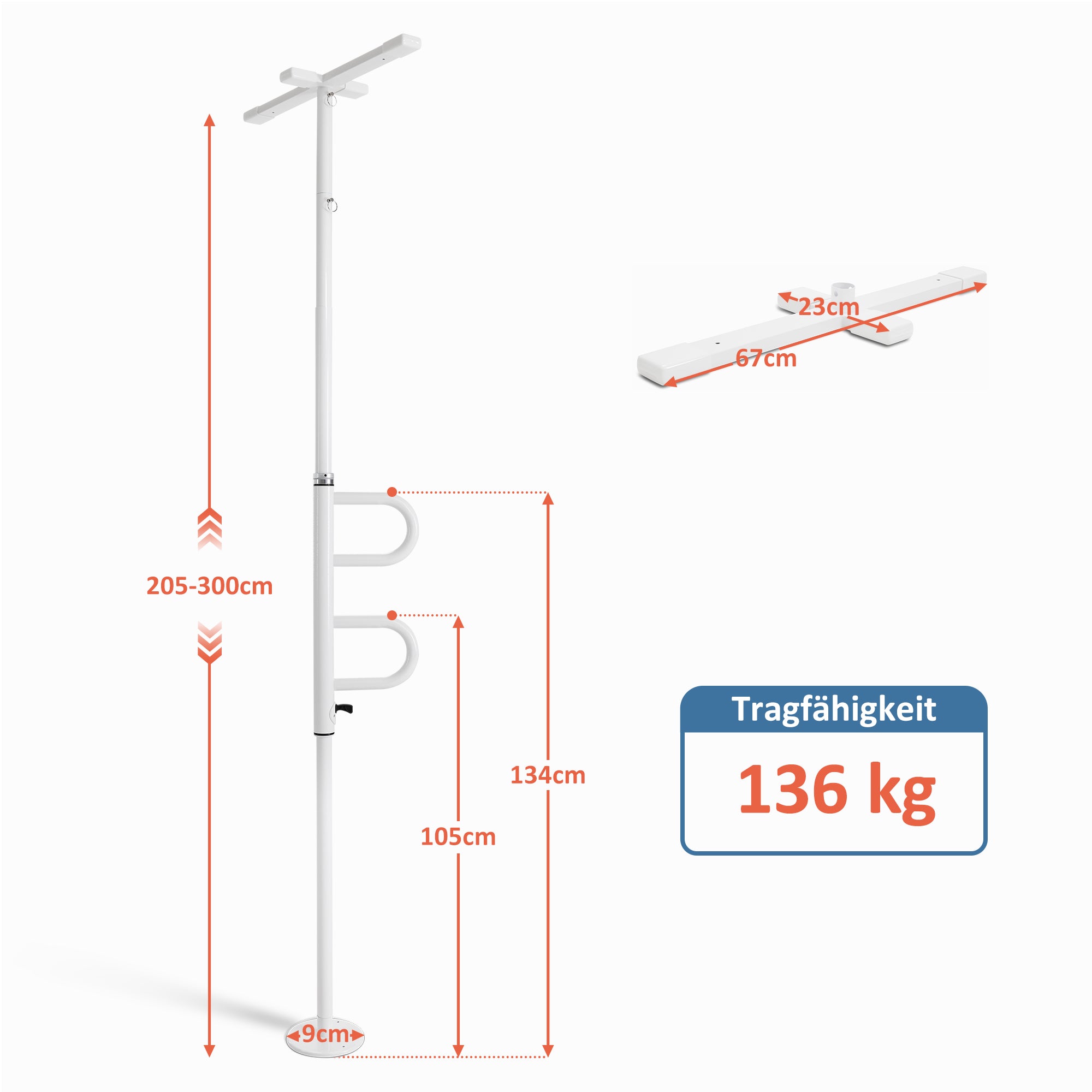 M Mcombo veiligheidsstang 205-300CM hoogteverstelbaar, met 2 draaibare handgrepen, steunstang van de vloer tot het plafond, opstaanhulp voor senioren & toilet 136kg draagbaar TD01CW (Wit)