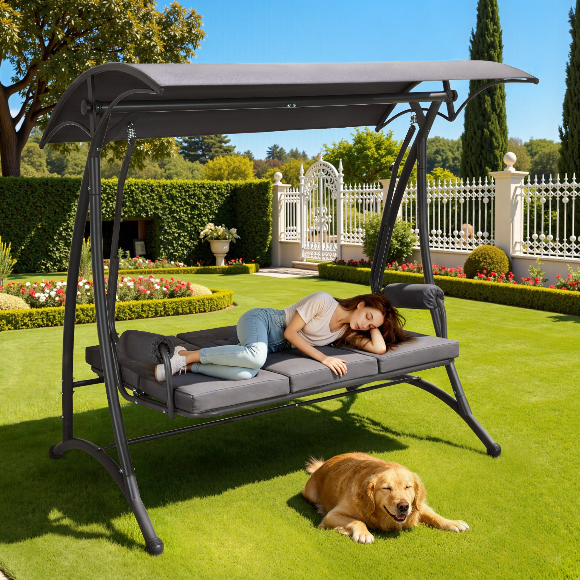 M MCombo 3-zits Hollywoodschommel met ligfunctie, 3 extra dikke zitkussens & stille haken, rustige tuinschommel tot 300 kg belastbaar, 193x119x185 cm, schommelbank voor buiten weerbestendig 4025 (grijs)