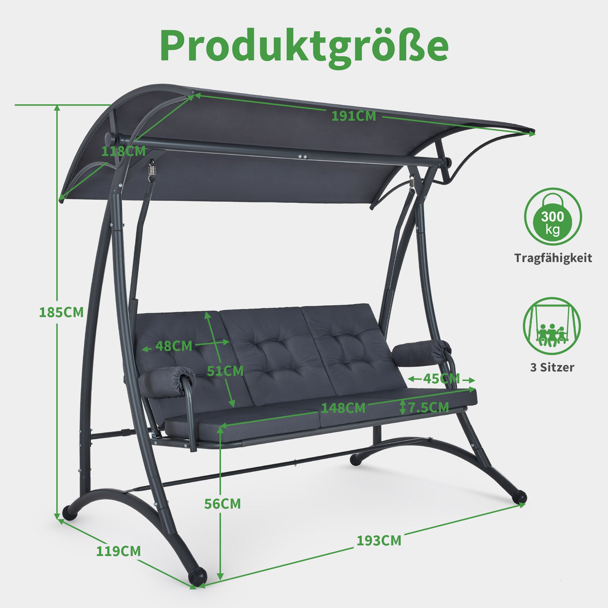 M MCombo 3-zits Hollywoodschommel met ligfunctie, 3 extra dikke zitkussens & stille haken, rustige tuinschommel tot 300 kg belastbaar, 193x119x185 cm, schommelbank voor buiten weerbestendig 4025 (grijs)