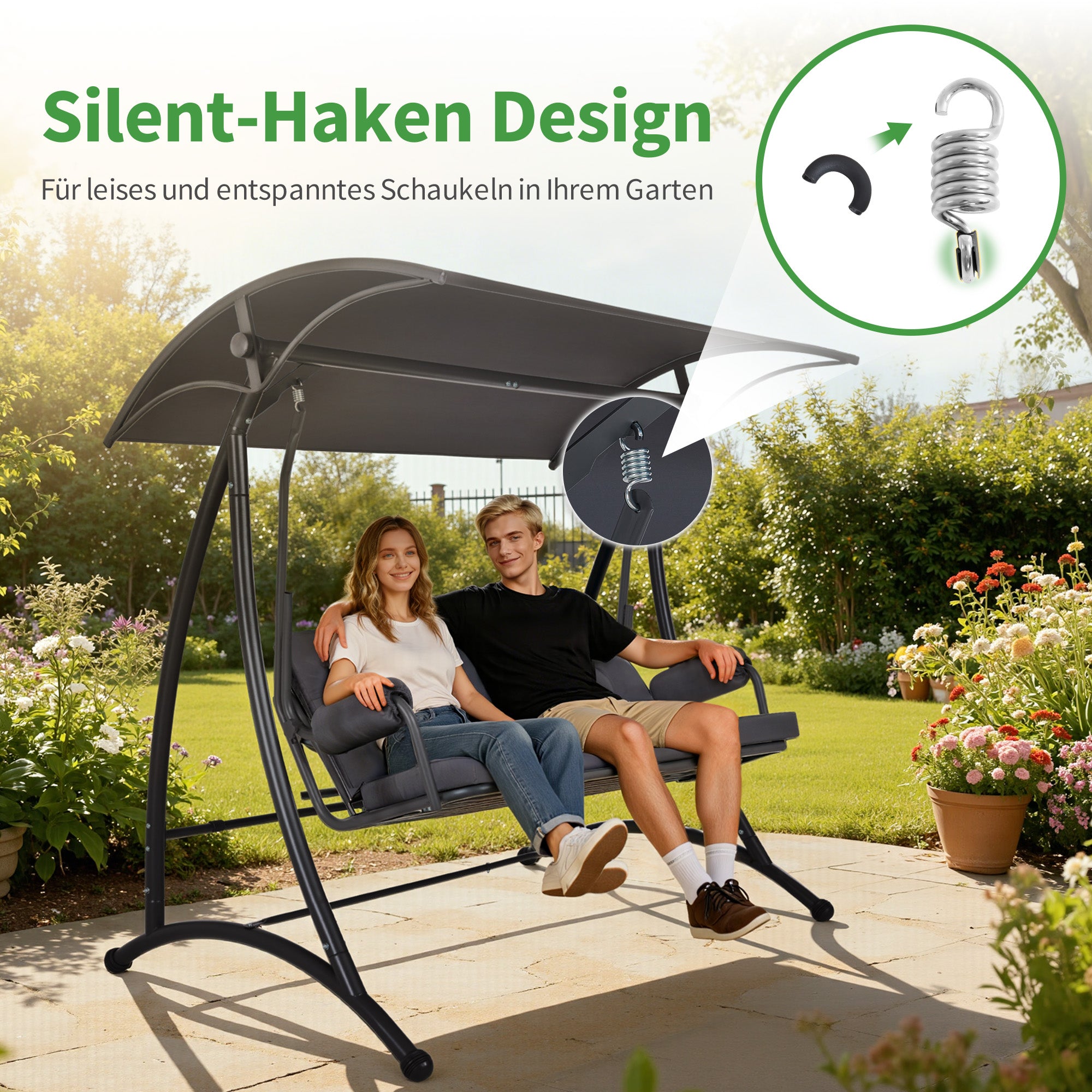 M MCombo 3-zits Hollywoodschommel met ligfunctie, 3 extra dikke zitkussens & stille haken, rustige tuinschommel tot 300 kg belastbaar, 193x119x185 cm, schommelbank voor buiten weerbestendig 4025 (grijs)