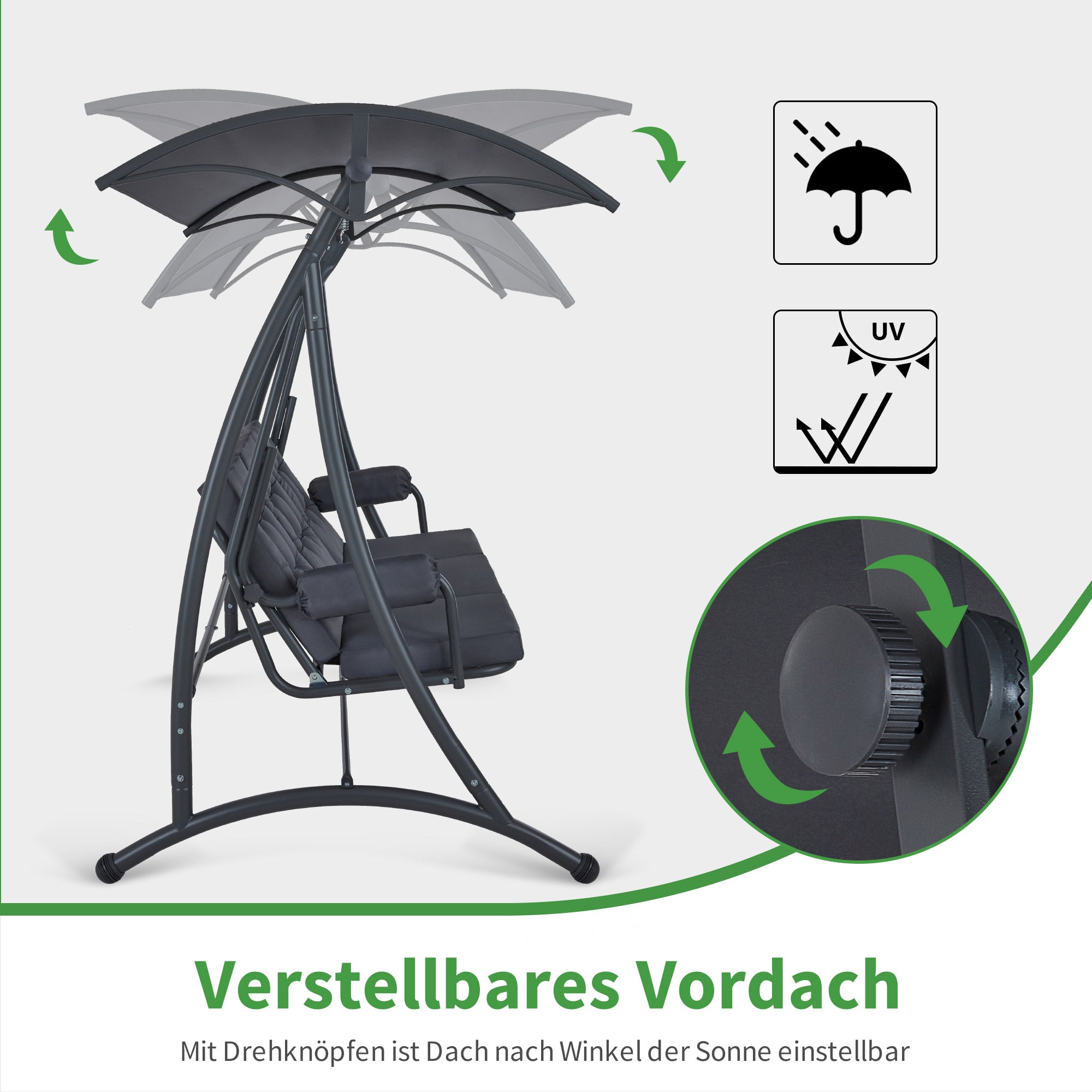 M MCombo 3-zits Hollywoodschommel met ligfunctie, 3 extra dikke zitkussens & stille haken, rustige tuinschommel tot 300 kg belastbaar, 193x119x185 cm, schommelbank voor buiten weerbestendig 4025 (grijs)
