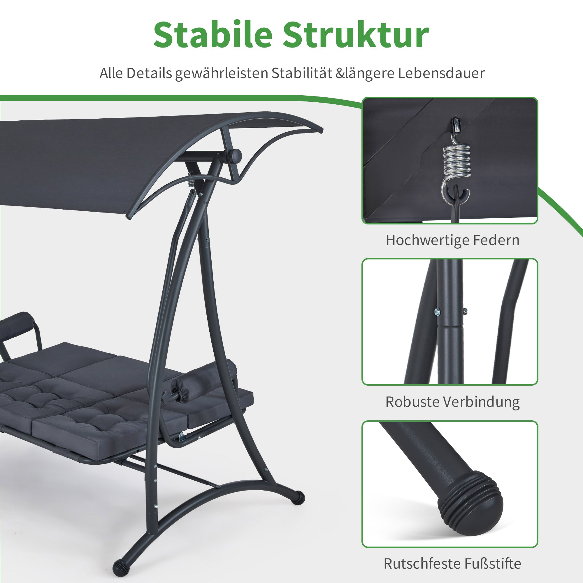M MCombo 3-zits Hollywoodschommel met ligfunctie, 3 extra dikke zitkussens & stille haken, rustige tuinschommel tot 300 kg belastbaar, 193x119x185 cm, schommelbank voor buiten weerbestendig 4025 (grijs)