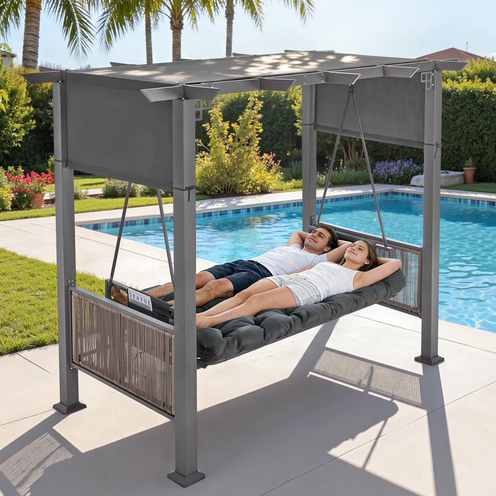 M MCombo 3-zits Pergola Hollywoodschommel met ligfunctie & tuinpaviljoen, tuinschommel met uitschuifbaar zonnescherm, 8CM extra dik zitkussen & stille haken, schommelbank 4067 (grijs)