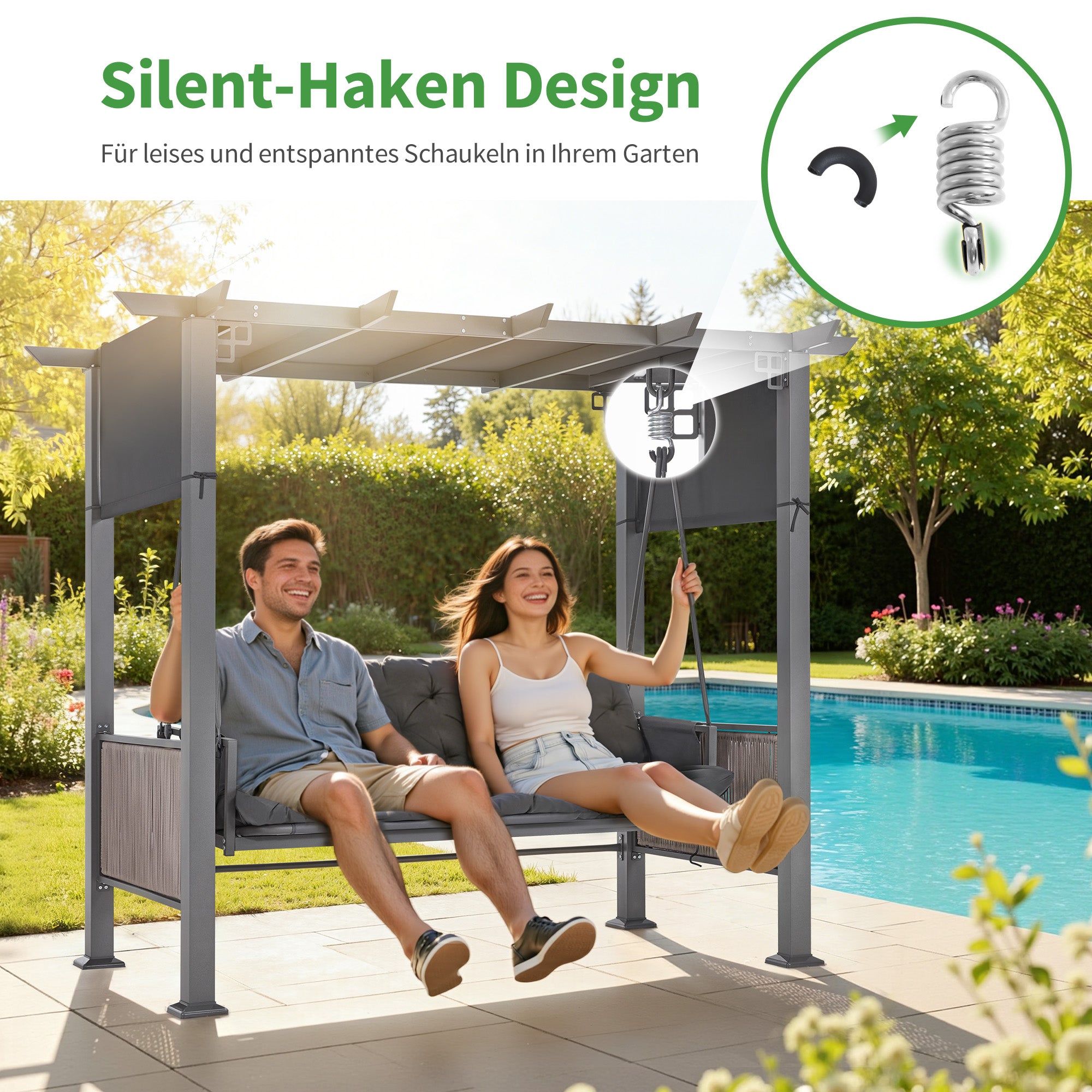 M MCombo 3-zits Pergola Hollywoodschommel met ligfunctie & tuinpaviljoen, tuinschommel met uitschuifbaar zonnescherm, 8CM extra dik zitkussen & stille haken, schommelbank 4067 (grijs)