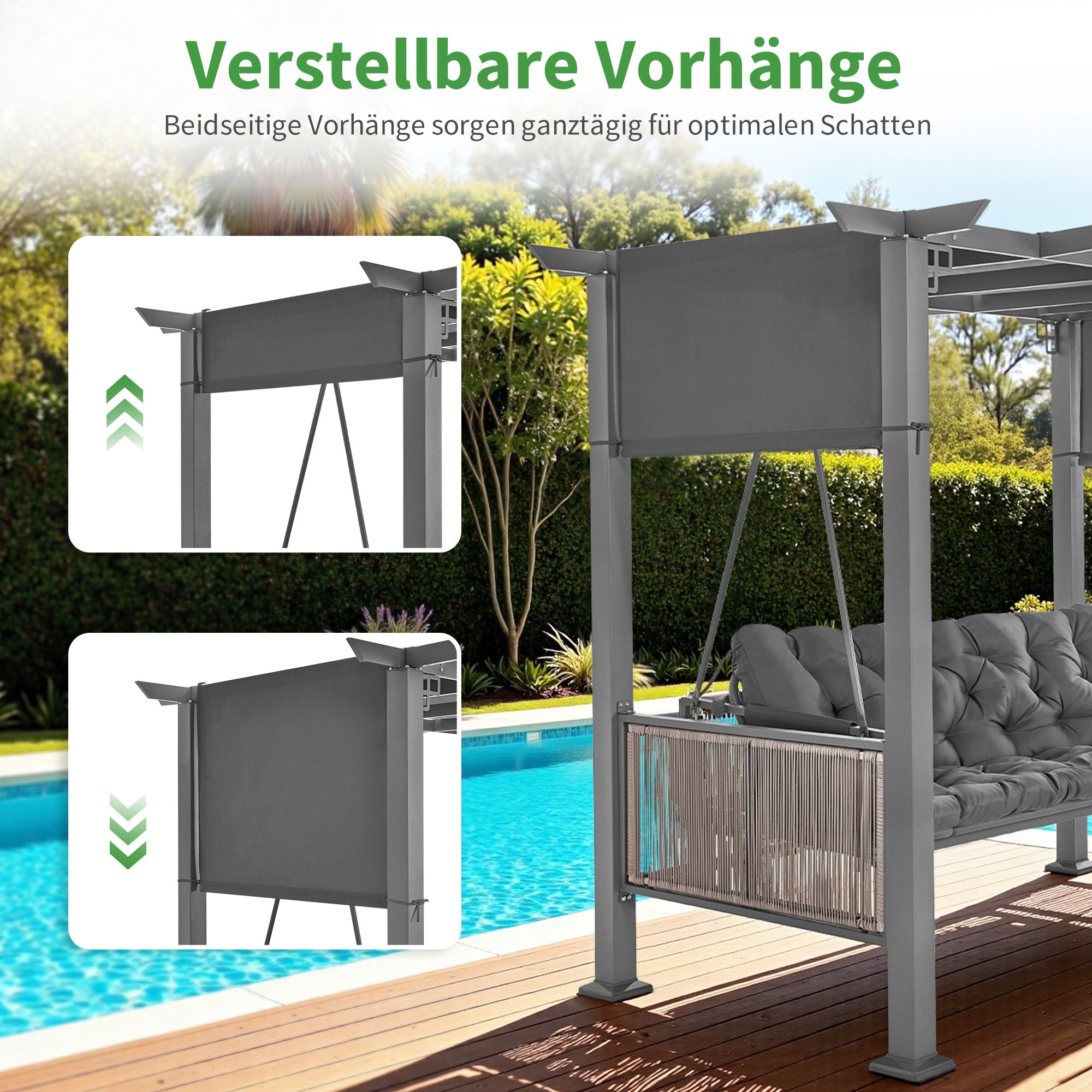 M MCombo 3-zits Pergola Hollywoodschommel met ligfunctie & tuinpaviljoen, tuinschommel met uitschuifbaar zonnescherm, 8CM extra dik zitkussen & stille haken, schommelbank 4067 (grijs)