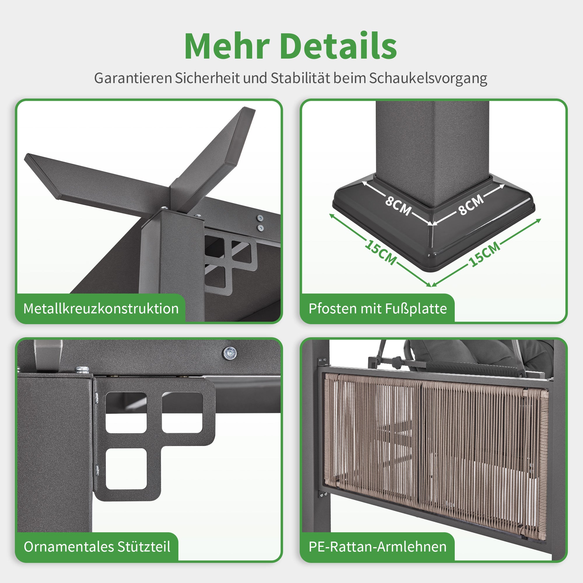 M MCombo 3-zits Pergola Hollywoodschommel met ligfunctie & tuinpaviljoen, tuinschommel met uitschuifbaar zonnescherm, 8CM extra dik zitkussen & stille haken, schommelbank 4067 (grijs)