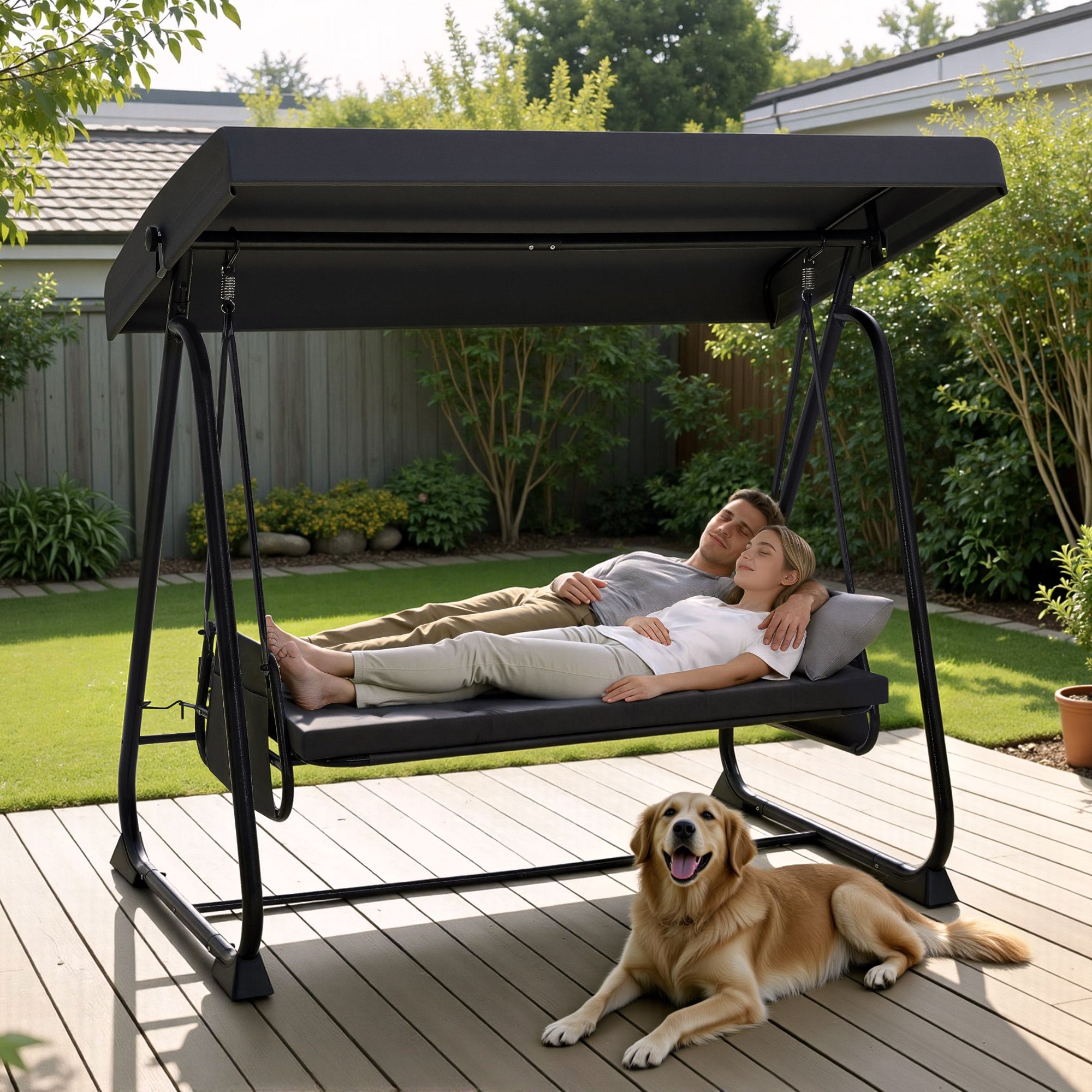 M MCombo 3-zits Hollywoodschommel met ligfunctie, extra dik zitkussen & stille haken, tuinschommel tot 360 kg belastbaar, 210x125x187 cm, schommelbank voor buiten weerbestendig 4071 (Donkergrijs)