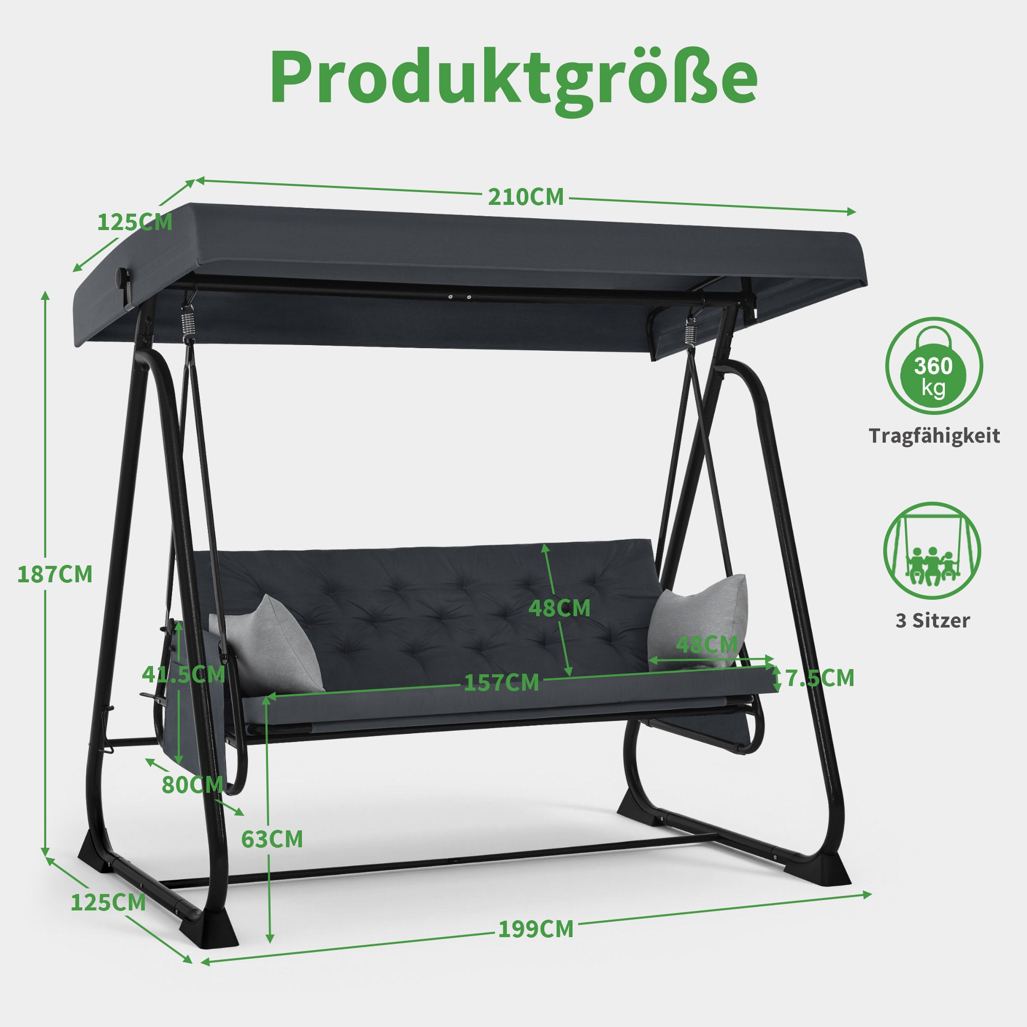 M MCombo 3-zits Hollywoodschommel met ligfunctie, extra dik zitkussen & stille haken, tuinschommel tot 360 kg belastbaar, 210x125x187 cm, schommelbank voor buiten weerbestendig 4071 (Donkergrijs)