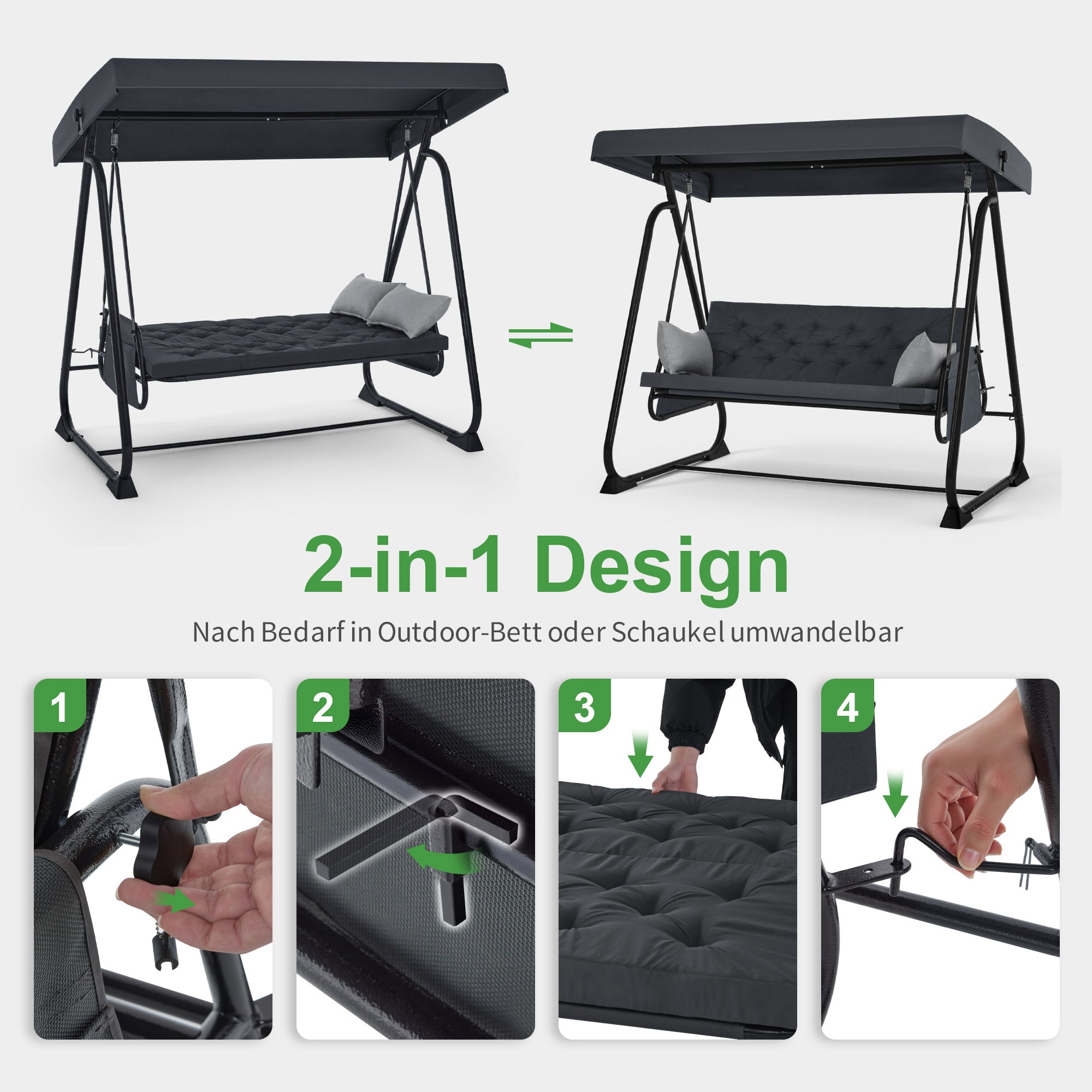 M MCombo 3-zits Hollywoodschommel met ligfunctie, extra dik zitkussen & stille haken, tuinschommel tot 360 kg belastbaar, 210x125x187 cm, schommelbank voor buiten weerbestendig 4071 (Donkergrijs)