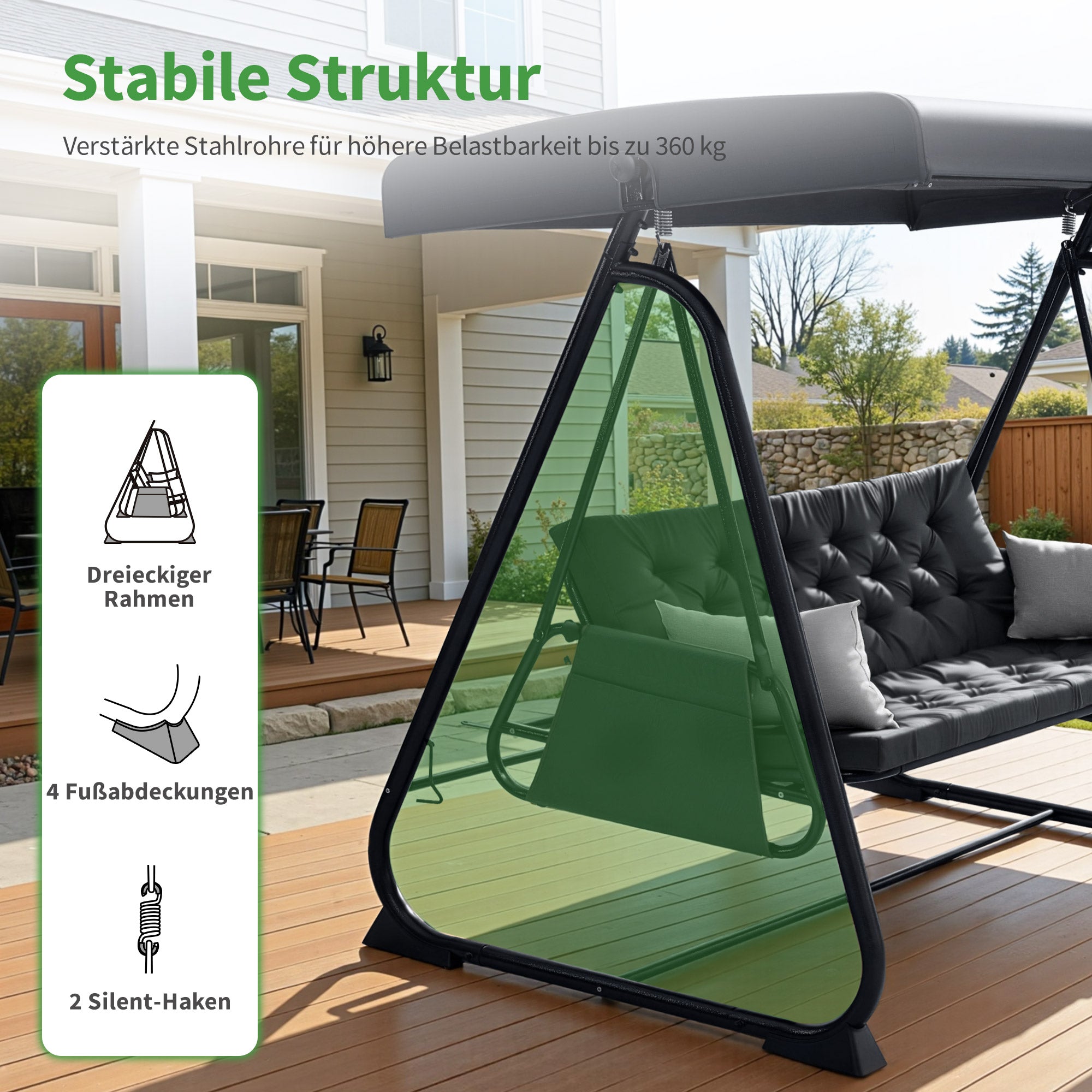 M MCombo 3-zits Hollywoodschommel met ligfunctie, extra dik zitkussen & stille haken, tuinschommel tot 360 kg belastbaar, 210x125x187 cm, schommelbank voor buiten weerbestendig 4071 (Donkergrijs)
