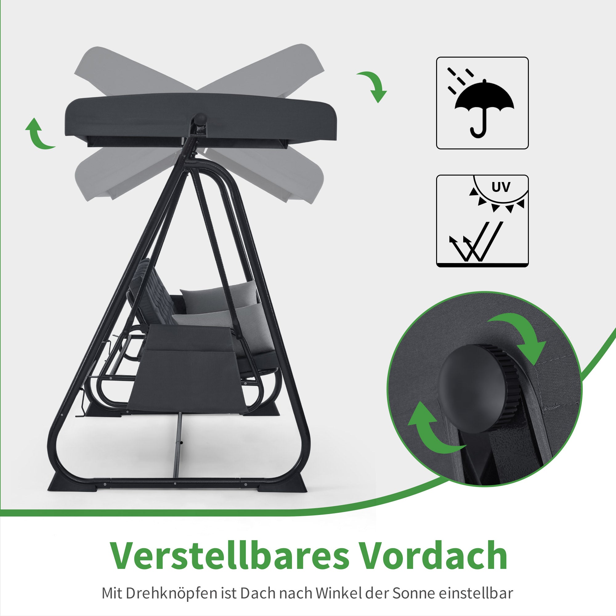 M MCombo 3-zits Hollywoodschommel met ligfunctie, extra dik zitkussen & stille haken, tuinschommel tot 360 kg belastbaar, 210x125x187 cm, schommelbank voor buiten weerbestendig 4071 (Donkergrijs)
