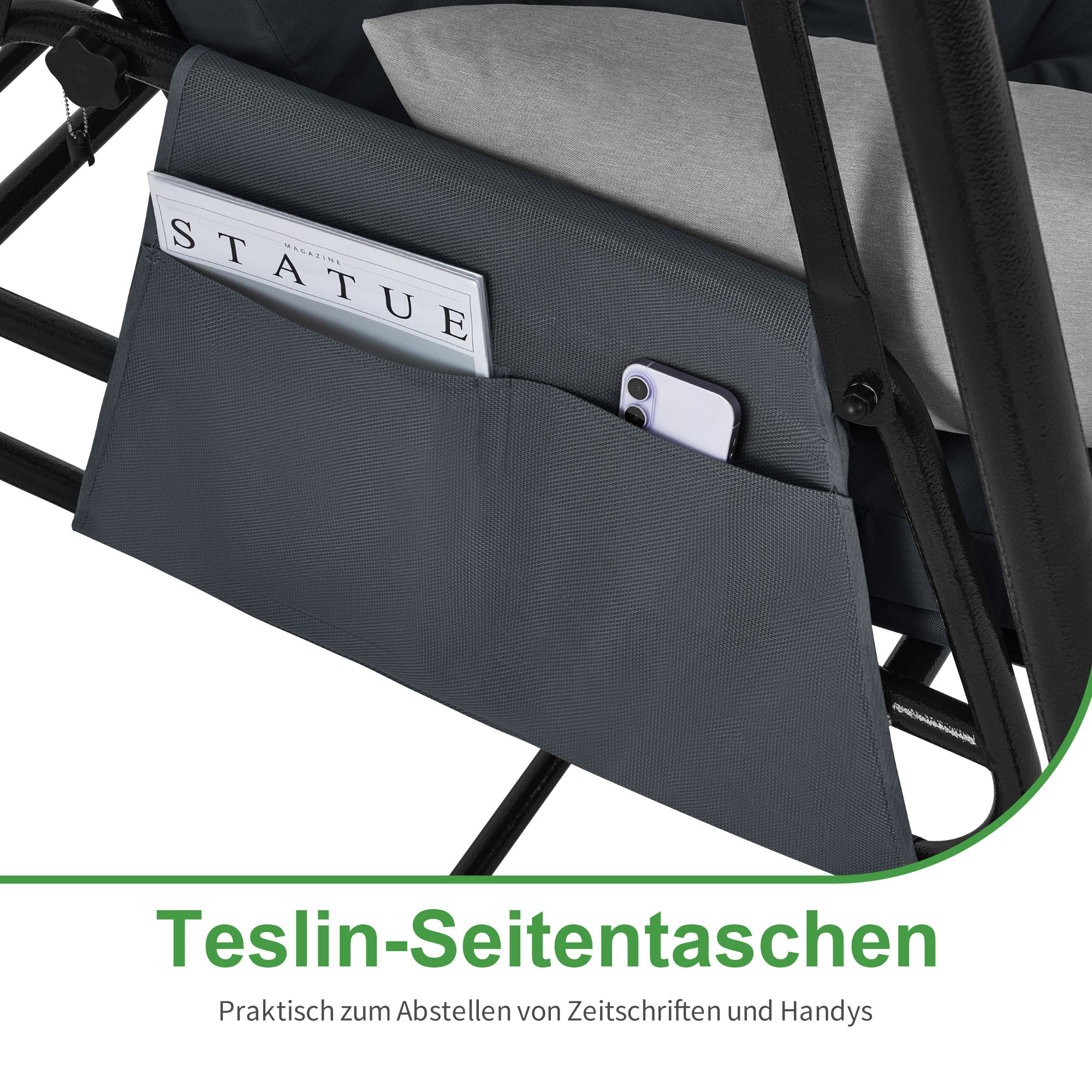 M MCombo 3-zits Hollywoodschommel met ligfunctie, extra dik zitkussen & stille haken, tuinschommel tot 360 kg belastbaar, 210x125x187 cm, schommelbank voor buiten weerbestendig 4071 (Donkergrijs)