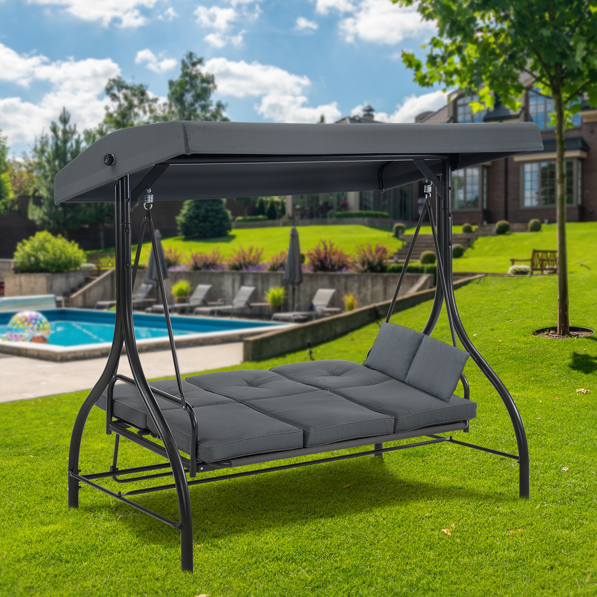 MCombo Dondolo Hollywood con funzione reclinabile, dondolo da giardino a 3 posti, resistente alle intemperie, panca a dondolo da esterno con tettuccio regolabile, 187*118*175 cm, 4088 (Giallo scuro grigio)