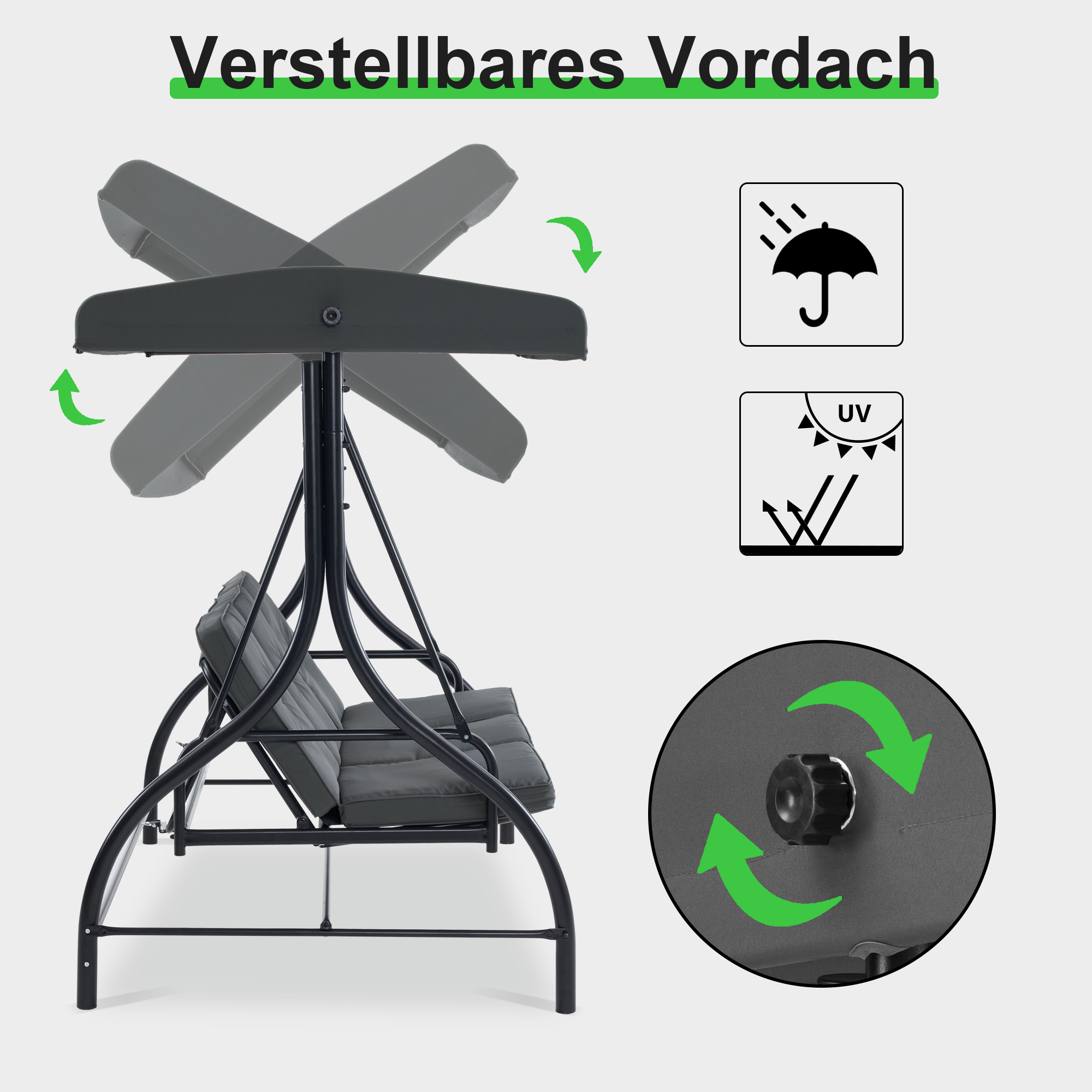 MCombo Dondolo Hollywood con funzione reclinabile, dondolo da giardino a 3 posti, resistente alle intemperie, panca a dondolo da esterno con tettuccio regolabile, 187*118*175 cm, 4088 (Giallo scuro grigio)