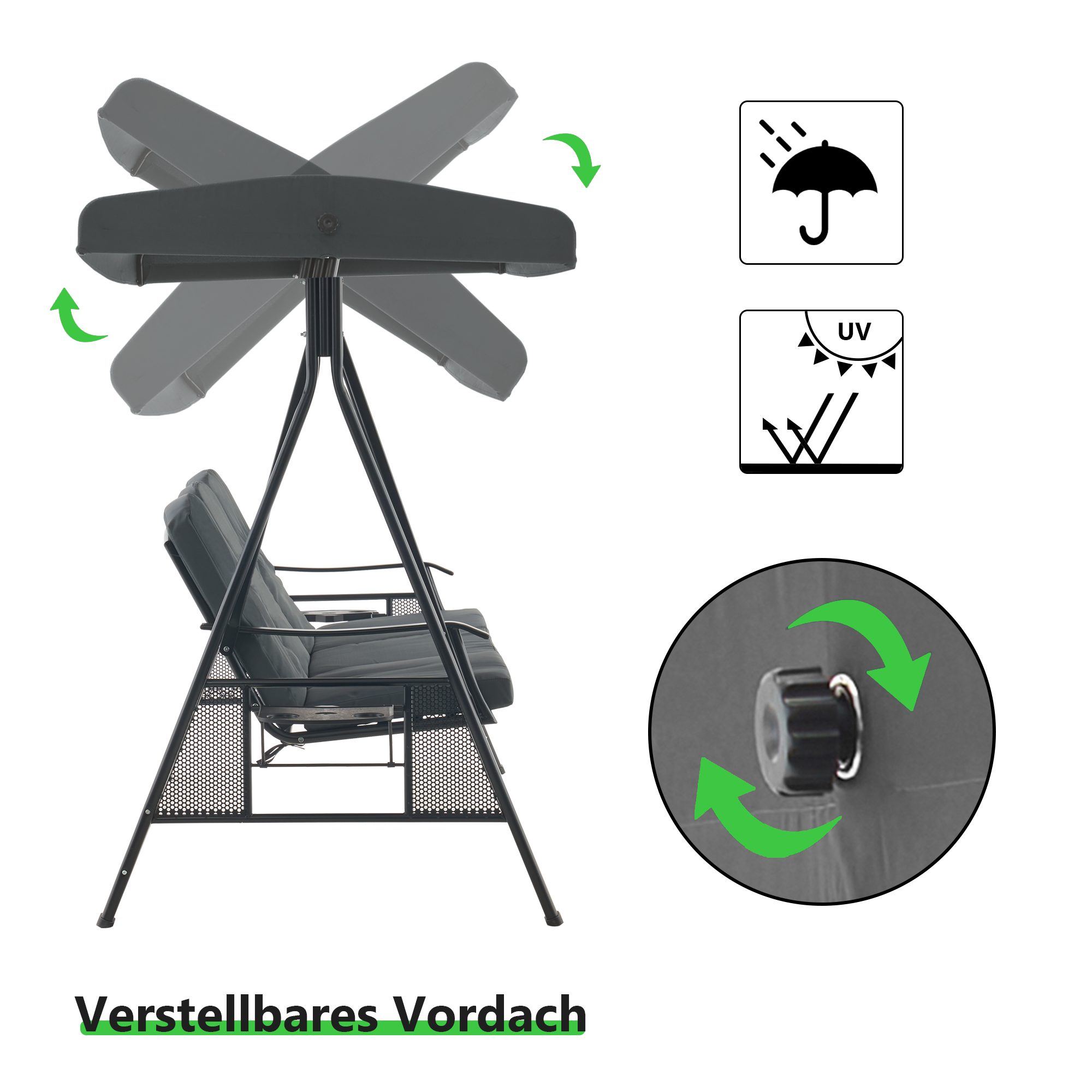 MCombo Dondolo da giardino a 3 posti, lettino da esterno resistente alle intemperie, panchina a dondolo con tettuccio, grigio scuro, 4092/4093