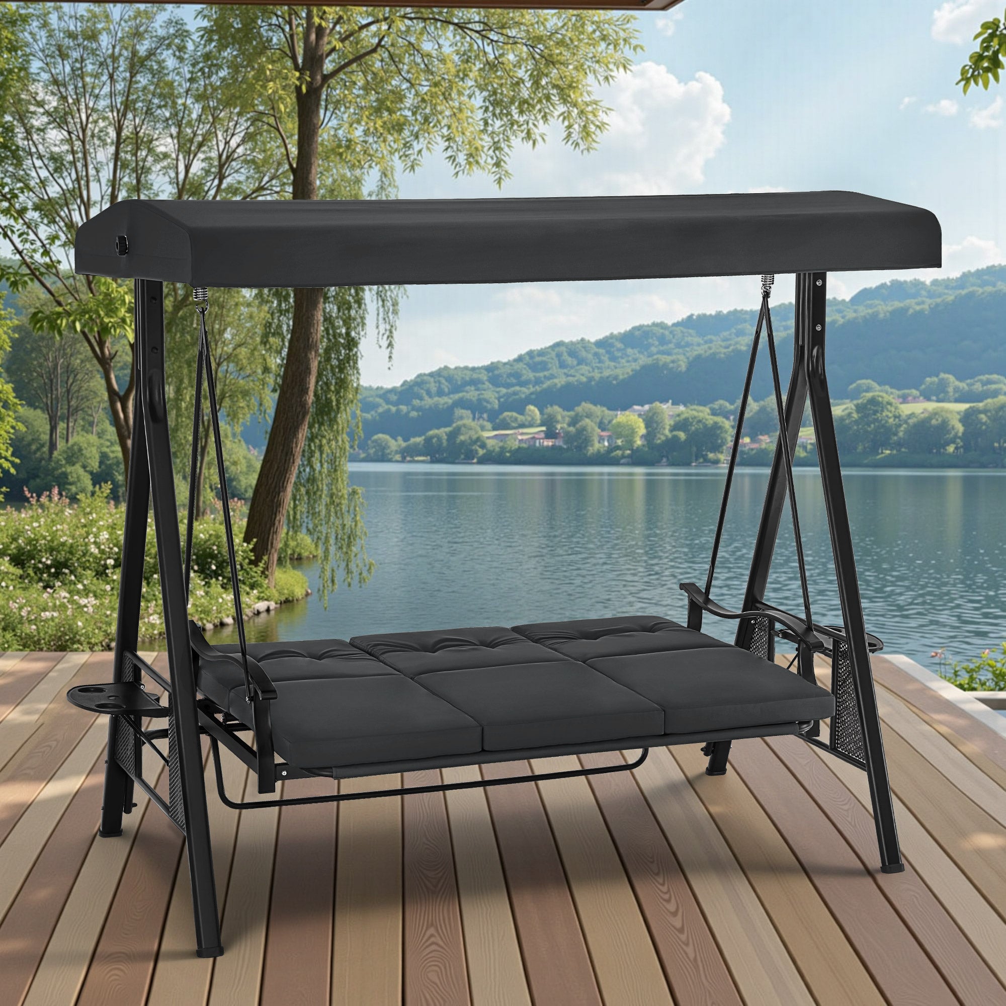 MCombo Dondolo da giardino a 3 posti, lettino da esterno resistente alle intemperie, panchina a dondolo con tettuccio, grigio scuro, 4092/4093