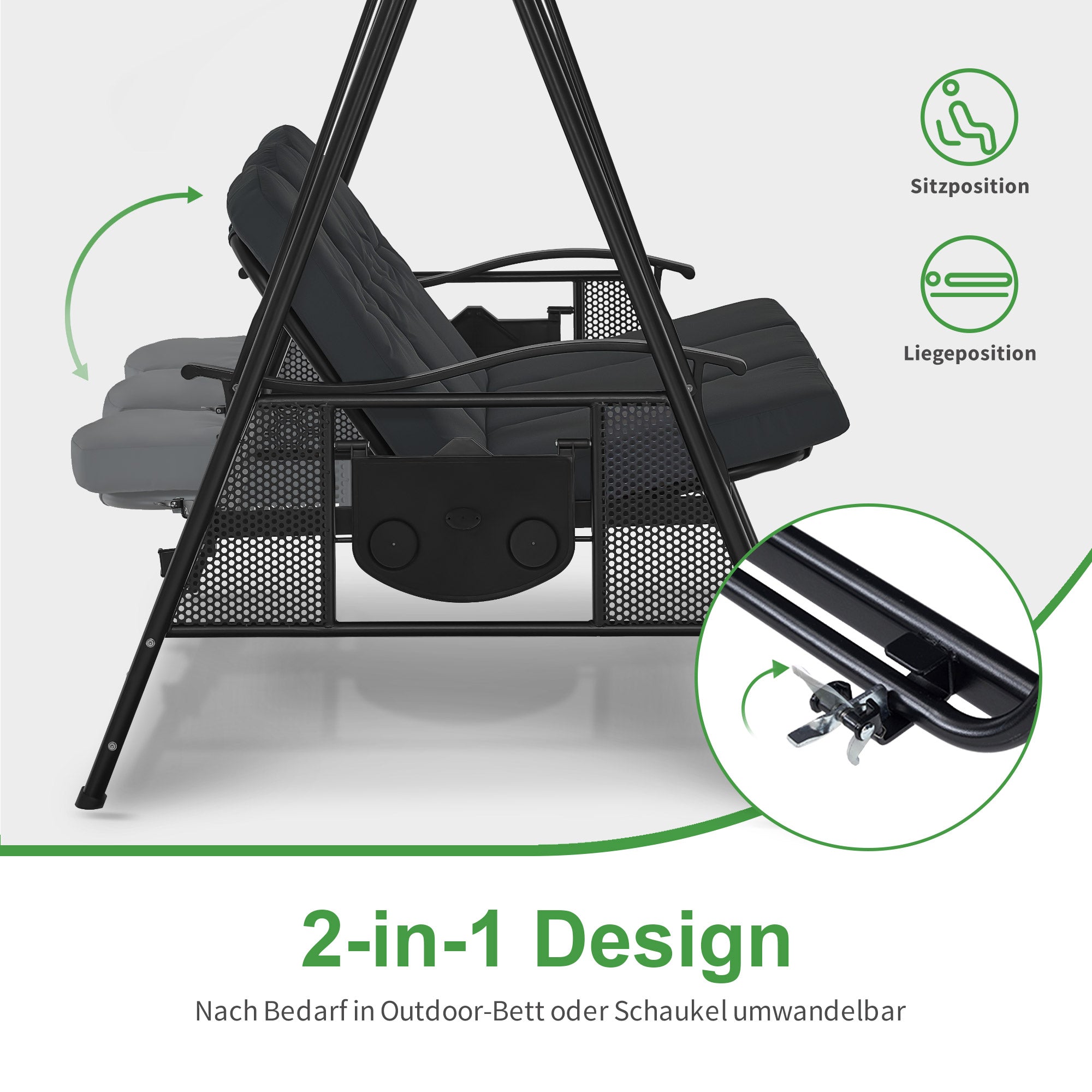 MCombo Dondolo da giardino a 3 posti, lettino da esterno resistente alle intemperie, panchina a dondolo con tettuccio, grigio scuro, 4092/4093