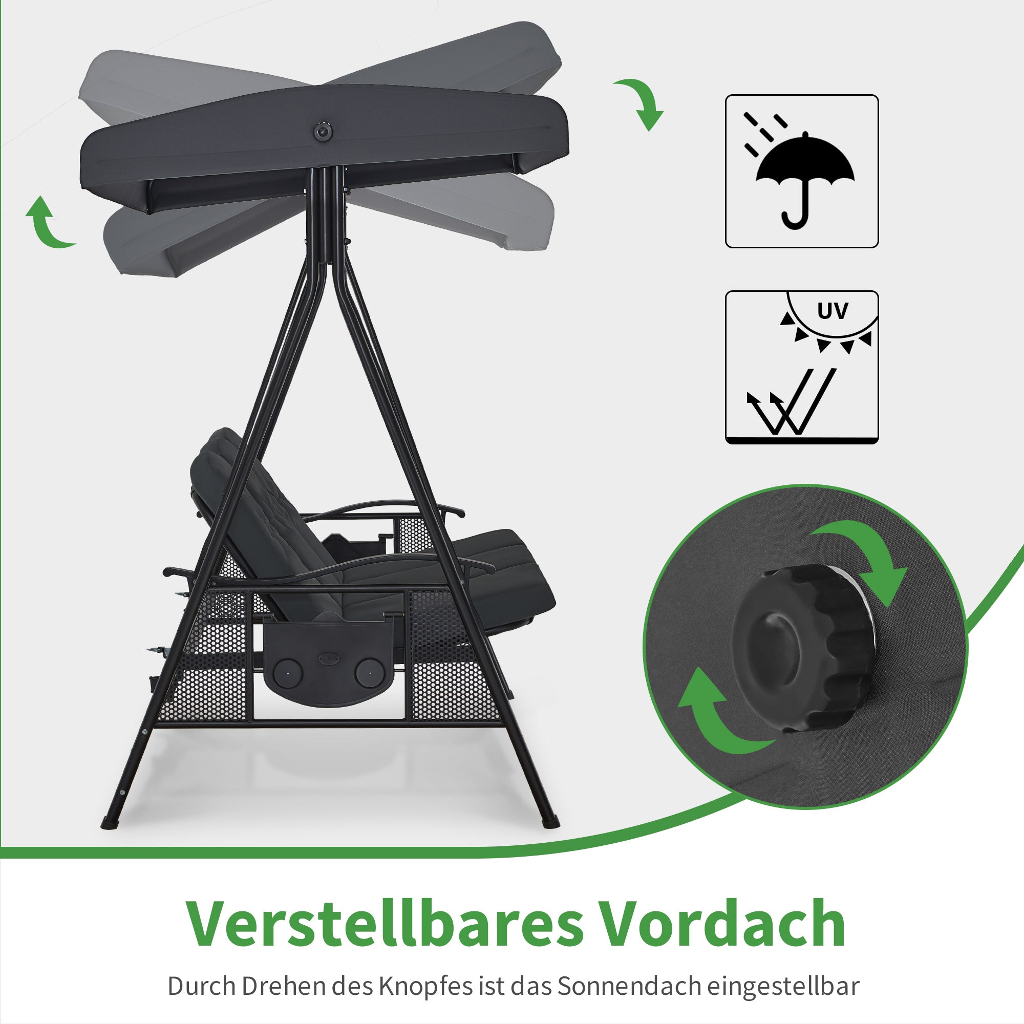 MCombo Dondolo da giardino a 3 posti, lettino da esterno resistente alle intemperie, panchina a dondolo con tettuccio, grigio scuro, 4092/4093