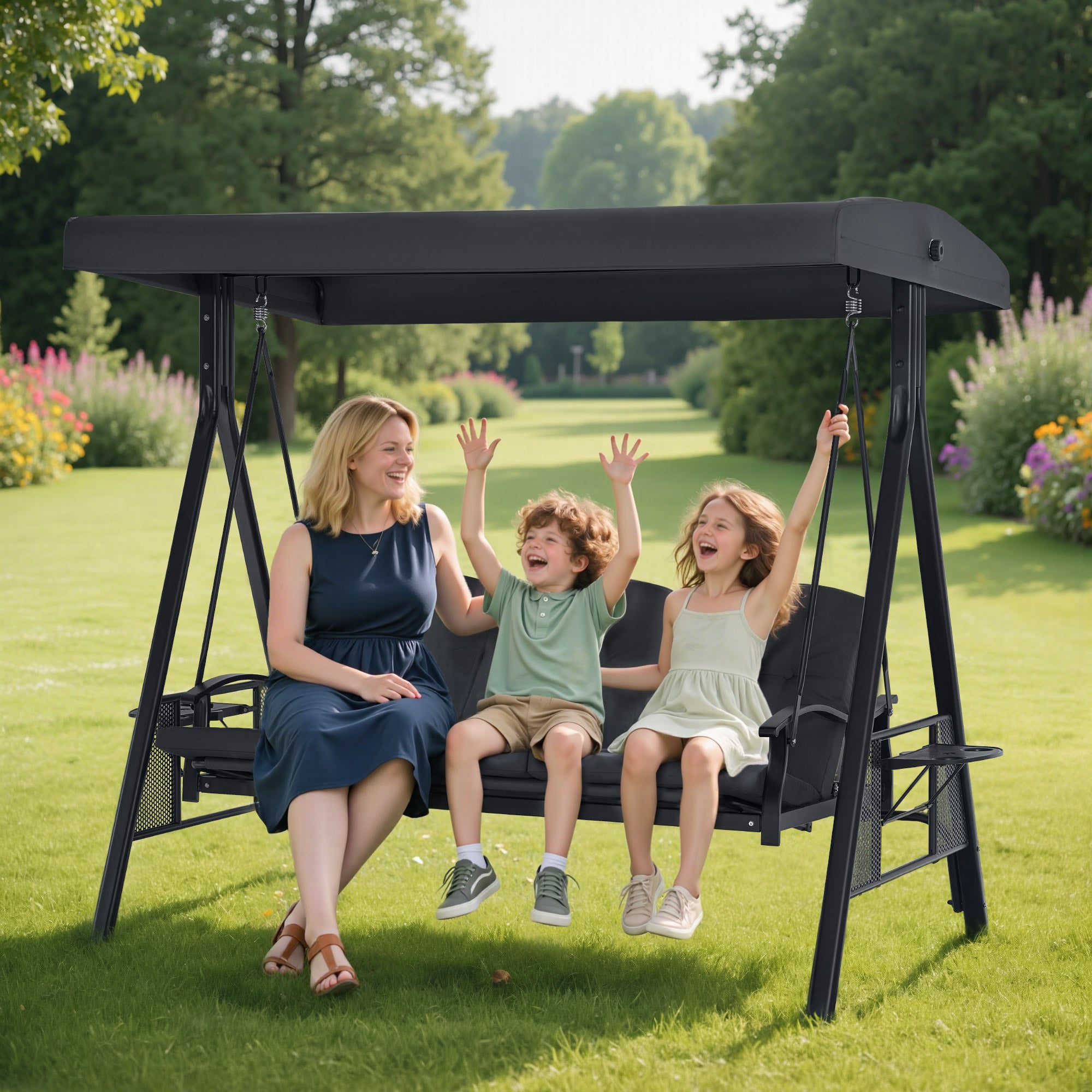 MCombo Dondolo da giardino a 3 posti, lettino da esterno resistente alle intemperie, panchina a dondolo con tettuccio, grigio scuro, 4092/4093