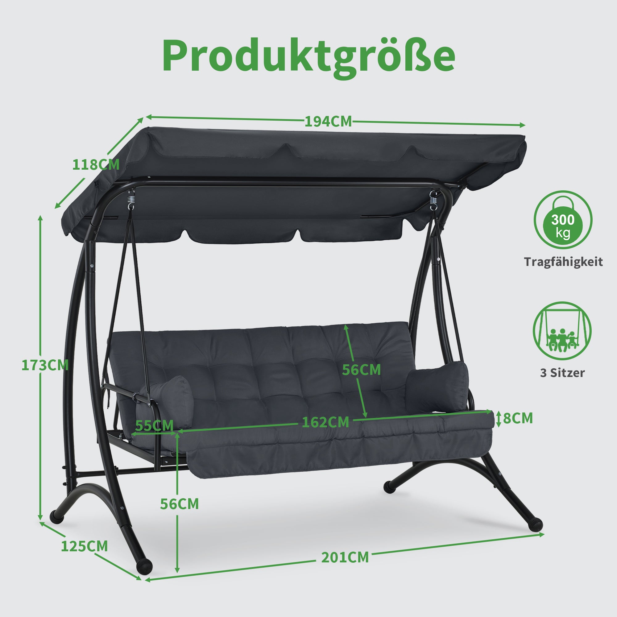 M MCombo 3-zits Hollywoodschommel met ligfunctie, met extra dik zitkussen en zonnedak, tuinschommel belastbaar tot 300 kg, 201x125x173 cm, weerbestendige buitenschommelbank 4095 (grijs)