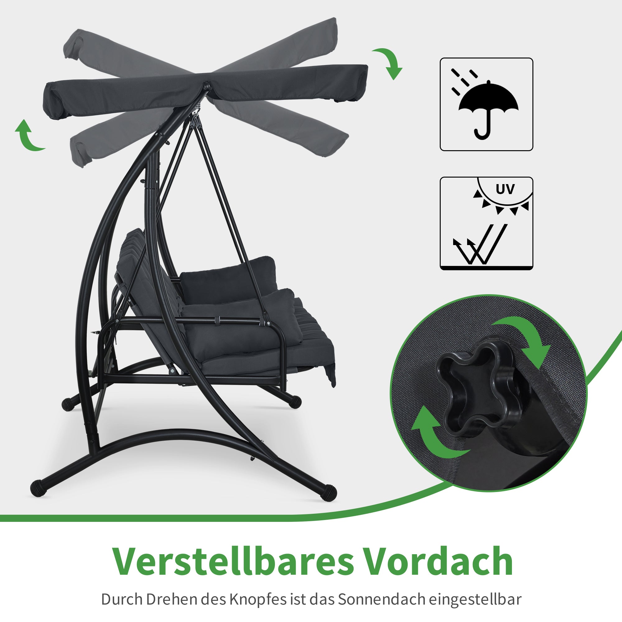 M MCombo 3-zits Hollywoodschommel met ligfunctie, met extra dik zitkussen en zonnedak, tuinschommel belastbaar tot 300 kg, 201x125x173 cm, weerbestendige buitenschommelbank 4095 (grijs)
