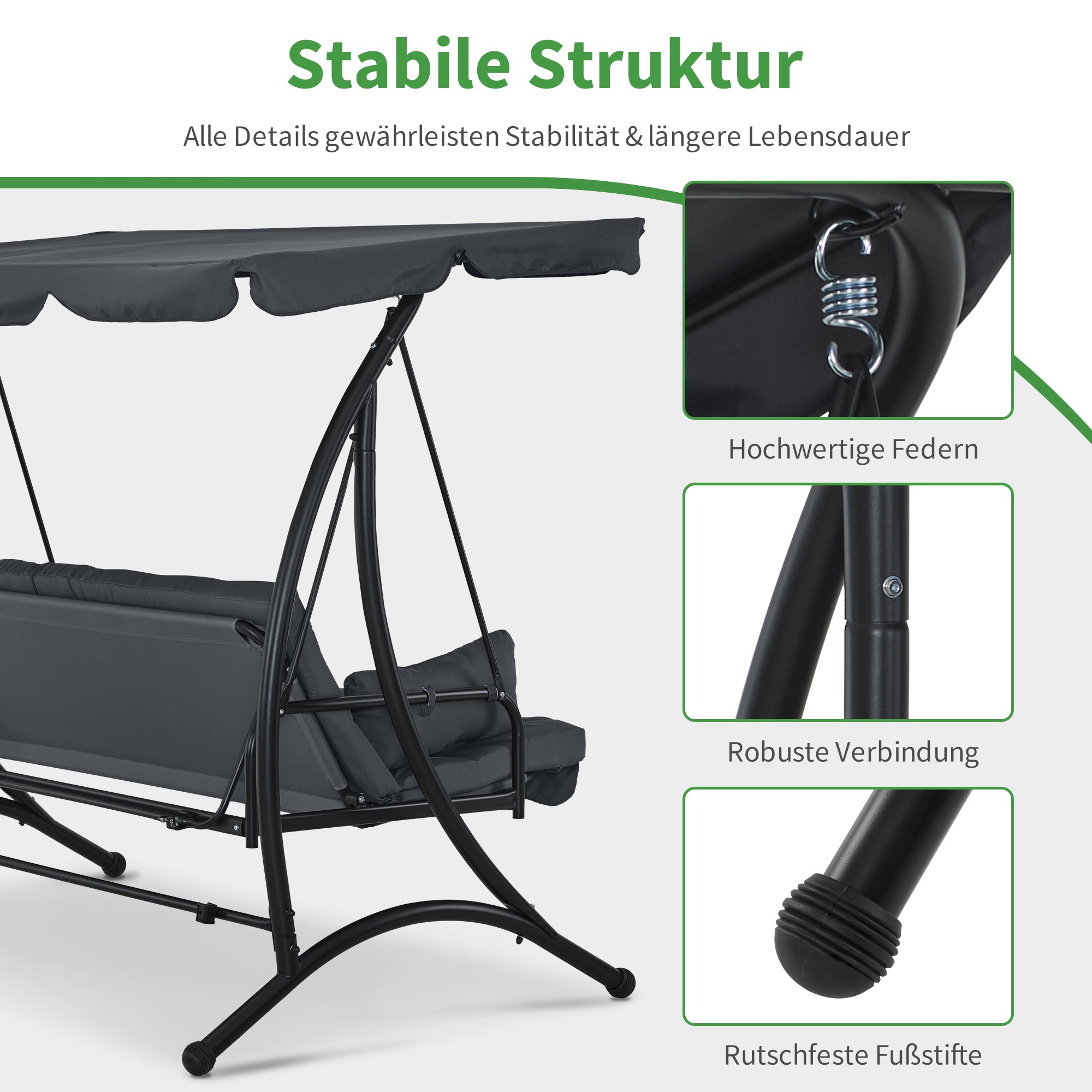 M MCombo 3-zits Hollywoodschommel met ligfunctie, met extra dik zitkussen en zonnedak, tuinschommel belastbaar tot 300 kg, 201x125x173 cm, weerbestendige buitenschommelbank 4095 (grijs)