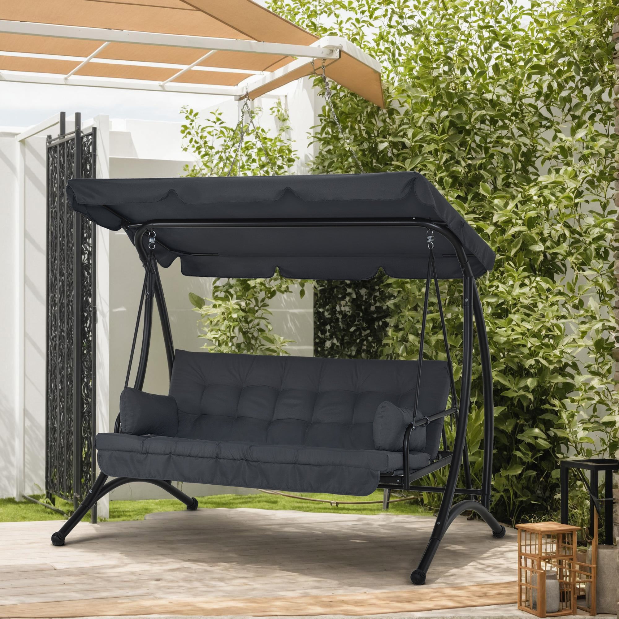 M MCombo 3-zits Hollywoodschommel met ligfunctie, met extra dik zitkussen en zonnedak, tuinschommel belastbaar tot 300 kg, 201x125x173 cm, weerbestendige buitenschommelbank 4095 (grijs)