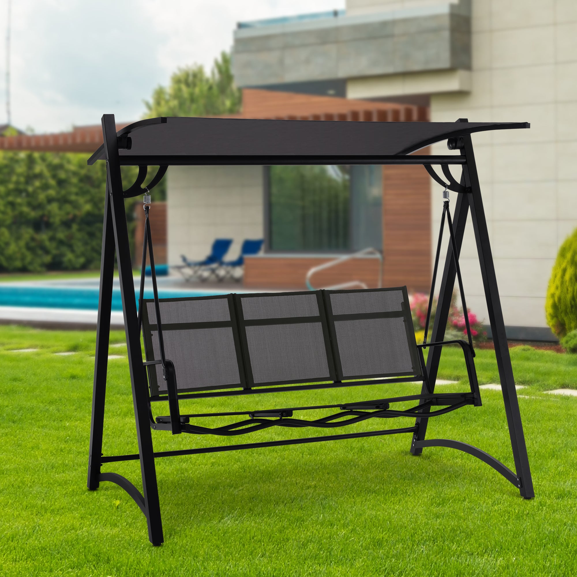 M MCombo Hollywoodschaukel 3-zits, tuinschommel met verstelbaar zonnescherm, schommelbank voor buiten, tuinligstoel weerbestendig, 300KG belastbaar, 132 x 188 x 182 cm, 8009 (Donkergrijs)