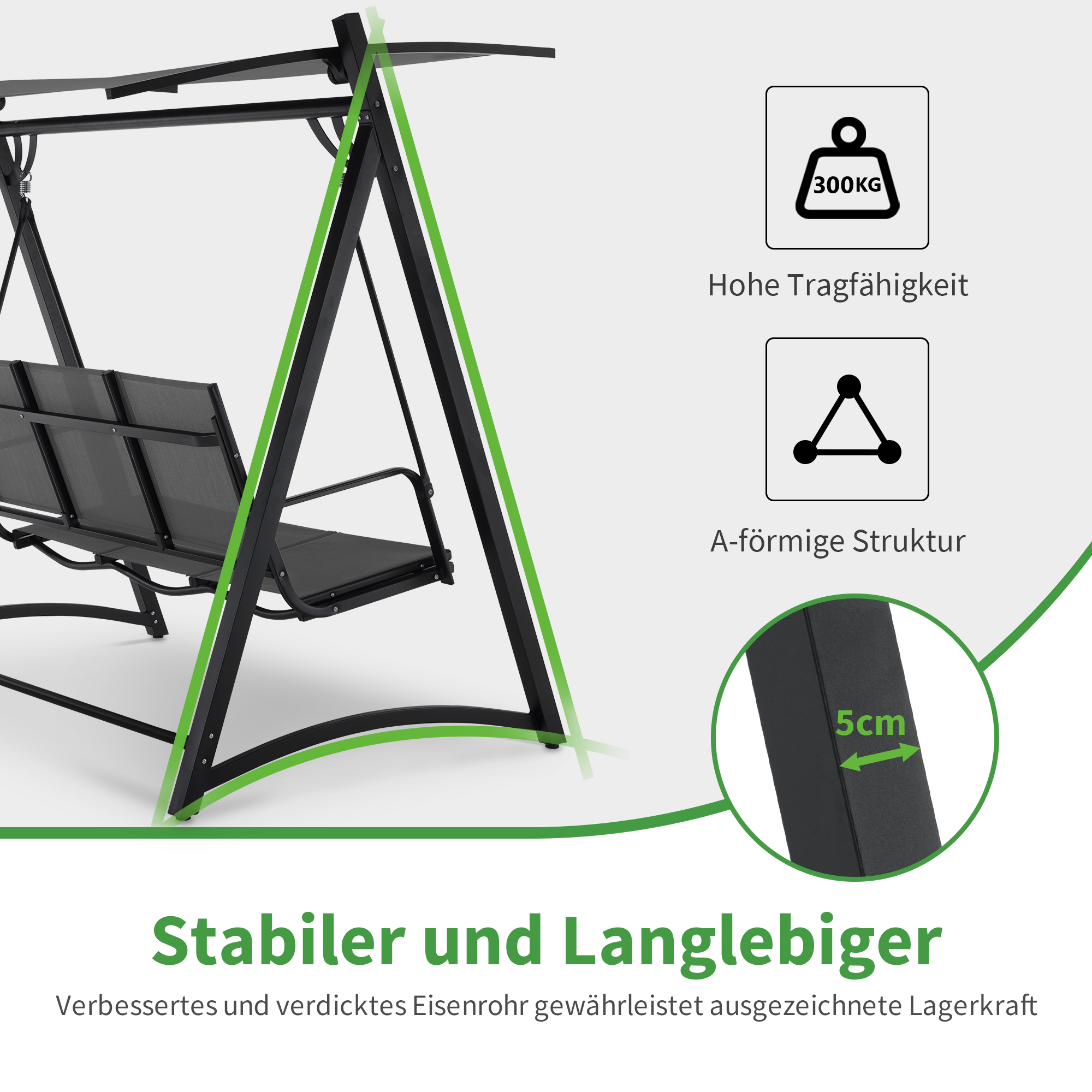 M MCombo Hollywoodschaukel 3-zits, tuinschommel met verstelbaar zonnescherm, schommelbank voor buiten, tuinligstoel weerbestendig, 300KG belastbaar, 132 x 188 x 182 cm, 8009 (Donkergrijs)