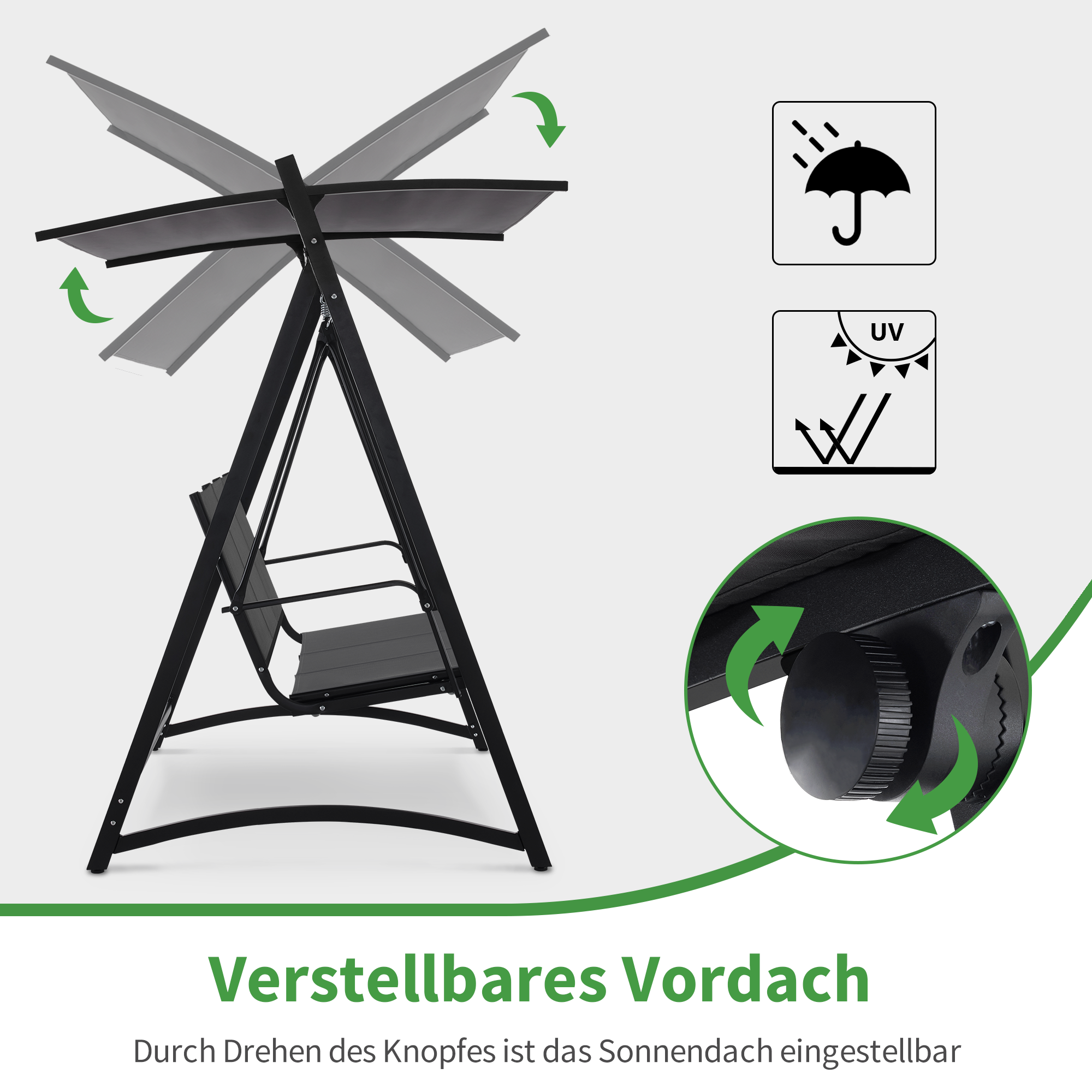 M MCombo Hollywoodschaukel 3-zits, tuinschommel met verstelbaar zonnescherm, schommelbank voor buiten, tuinligstoel weerbestendig, 300KG belastbaar, 132 x 188 x 182 cm, 8009 (Donkergrijs)