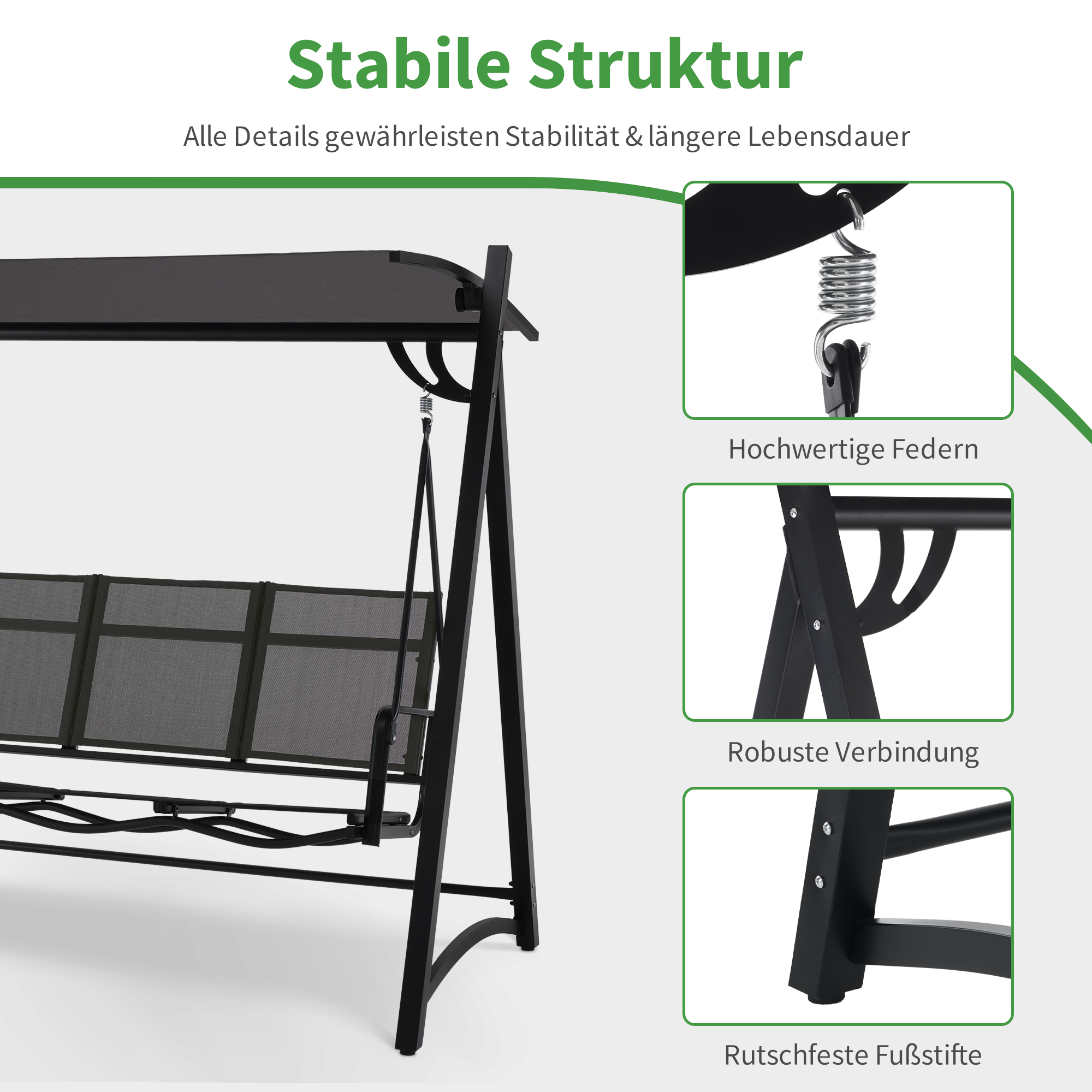 M MCombo Hollywoodschaukel 3-zits, tuinschommel met verstelbaar zonnescherm, schommelbank voor buiten, tuinligstoel weerbestendig, 300KG belastbaar, 132 x 188 x 182 cm, 8009 (Donkergrijs)