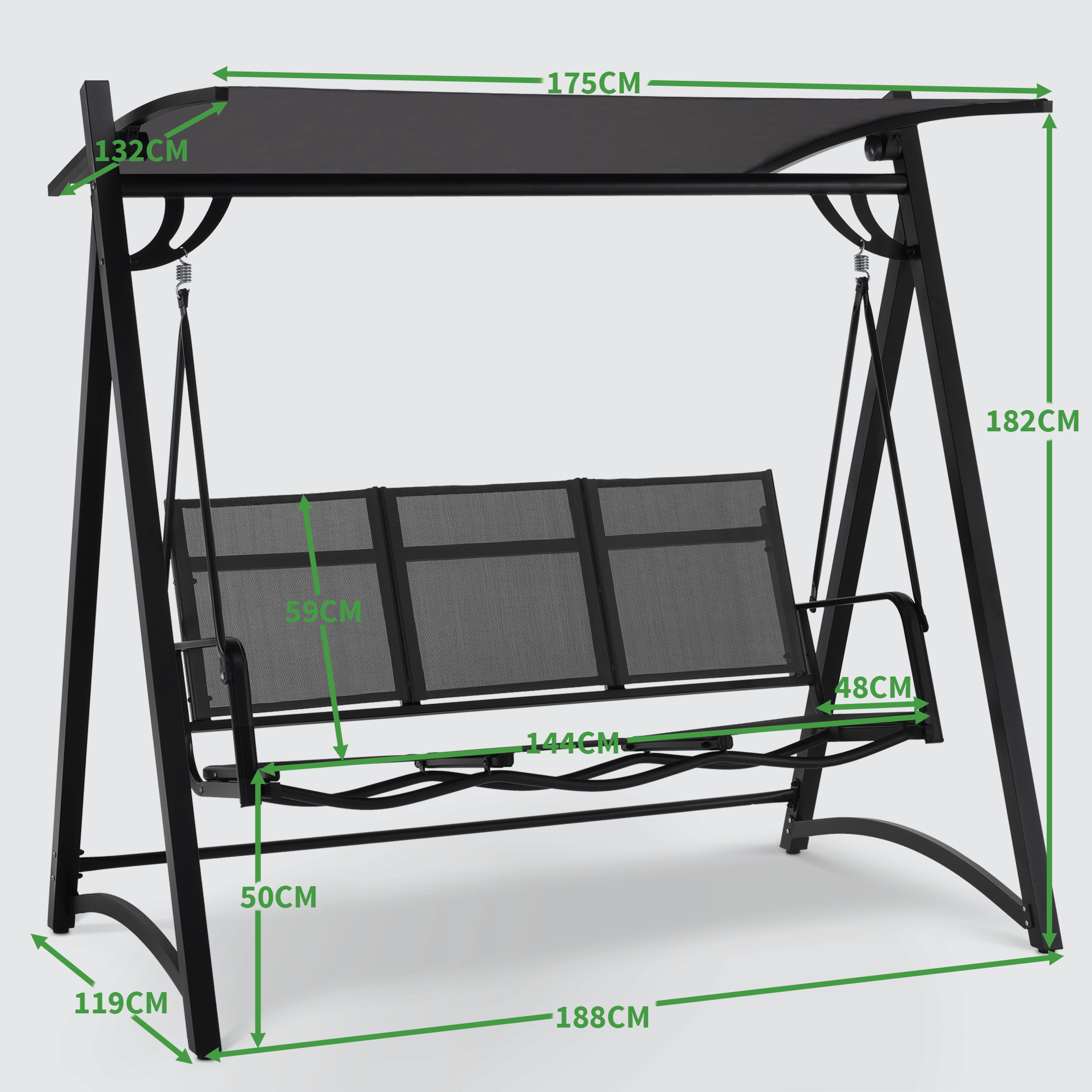 M MCombo Hollywoodschaukel 3-zits, tuinschommel met verstelbaar zonnescherm, schommelbank voor buiten, tuinligstoel weerbestendig, 300KG belastbaar, 132 x 188 x 182 cm, 8009 (Donkergrijs)