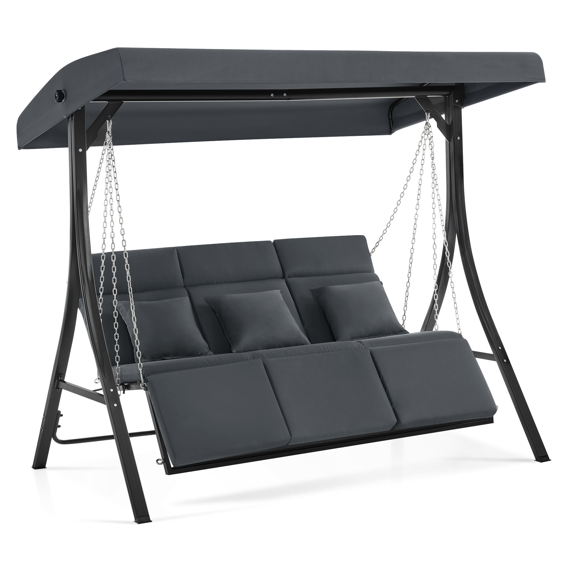 M MCombo Hollywoodschaukel met ligfunctie, tuinschommel 3-zitter weerbestendig, outdoor schommelbank met metalen kettingen, verstelbaar dak, 123*194*169 cm, 8018 (Donkergrijs)