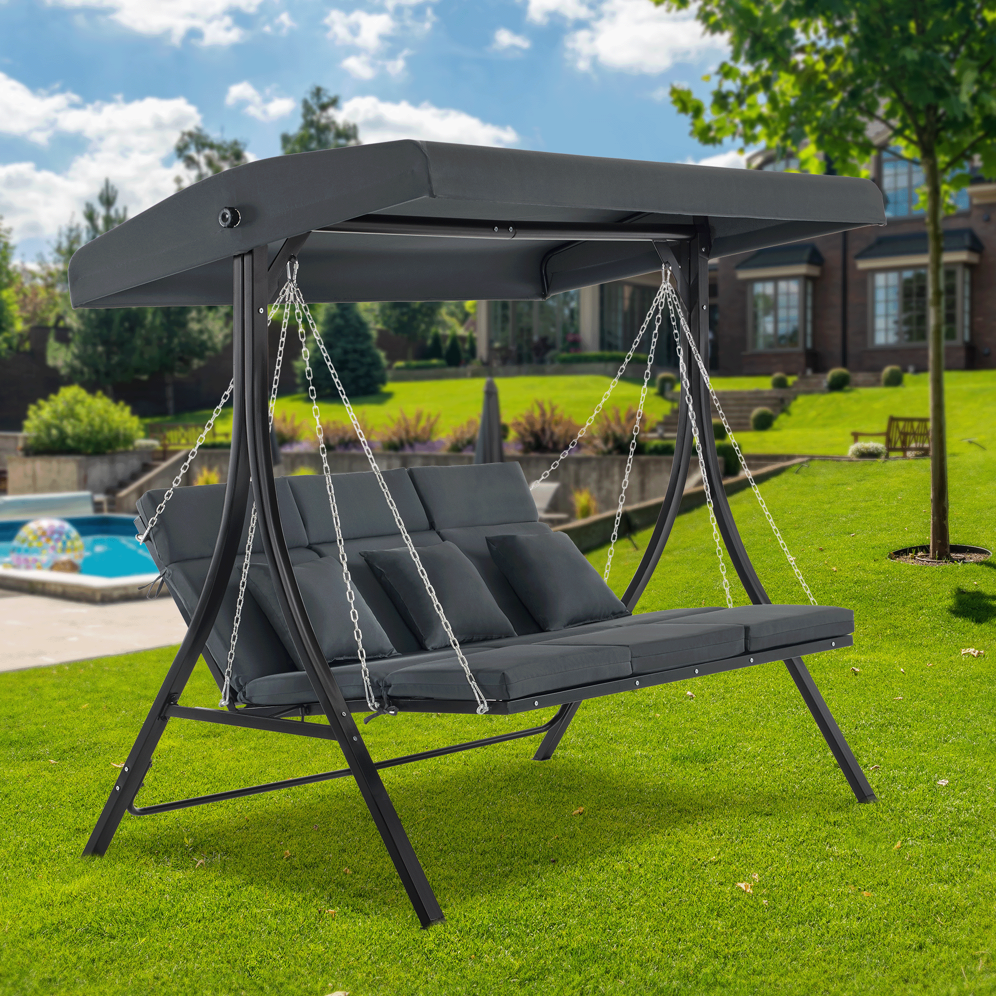 M MCombo Hollywoodschaukel met ligfunctie, tuinschommel 3-zitter weerbestendig, outdoor schommelbank met metalen kettingen, verstelbaar dak, 123*194*169 cm, 8018 (Donkergrijs)