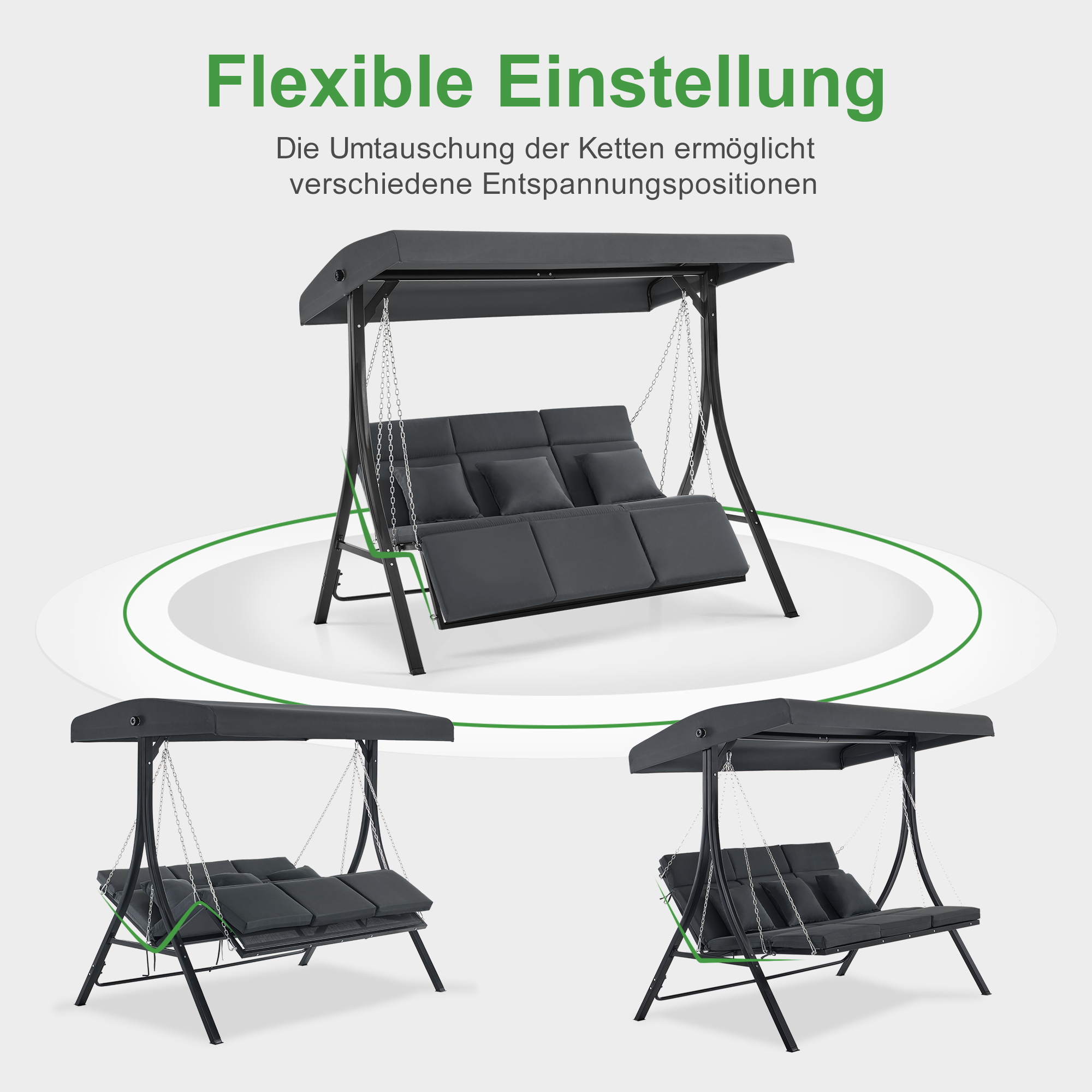 M MCombo Hollywoodschaukel met ligfunctie, tuinschommel 3-zitter weerbestendig, outdoor schommelbank met metalen kettingen, verstelbaar dak, 123*194*169 cm, 8018 (Donkergrijs)