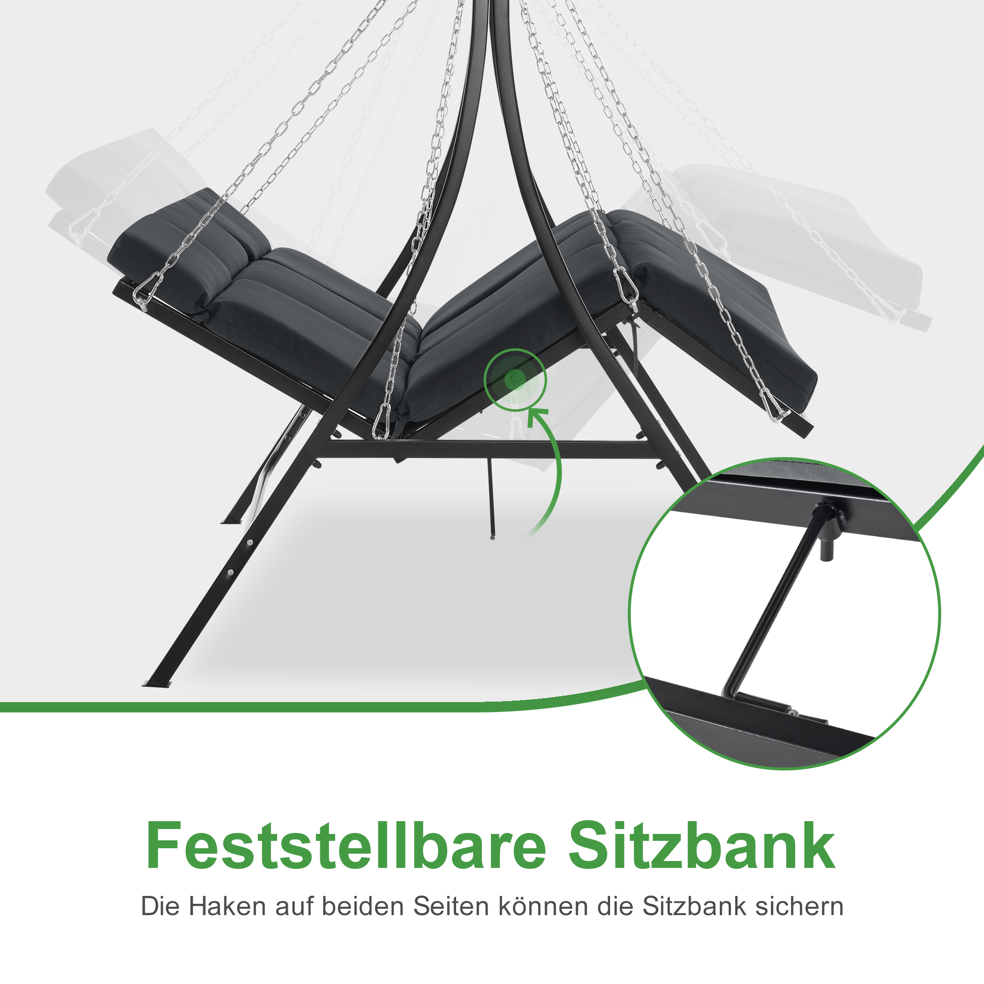 M MCombo Hollywoodschaukel met ligfunctie, tuinschommel 3-zitter weerbestendig, outdoor schommelbank met metalen kettingen, verstelbaar dak, 123*194*169 cm, 8018 (Donkergrijs)