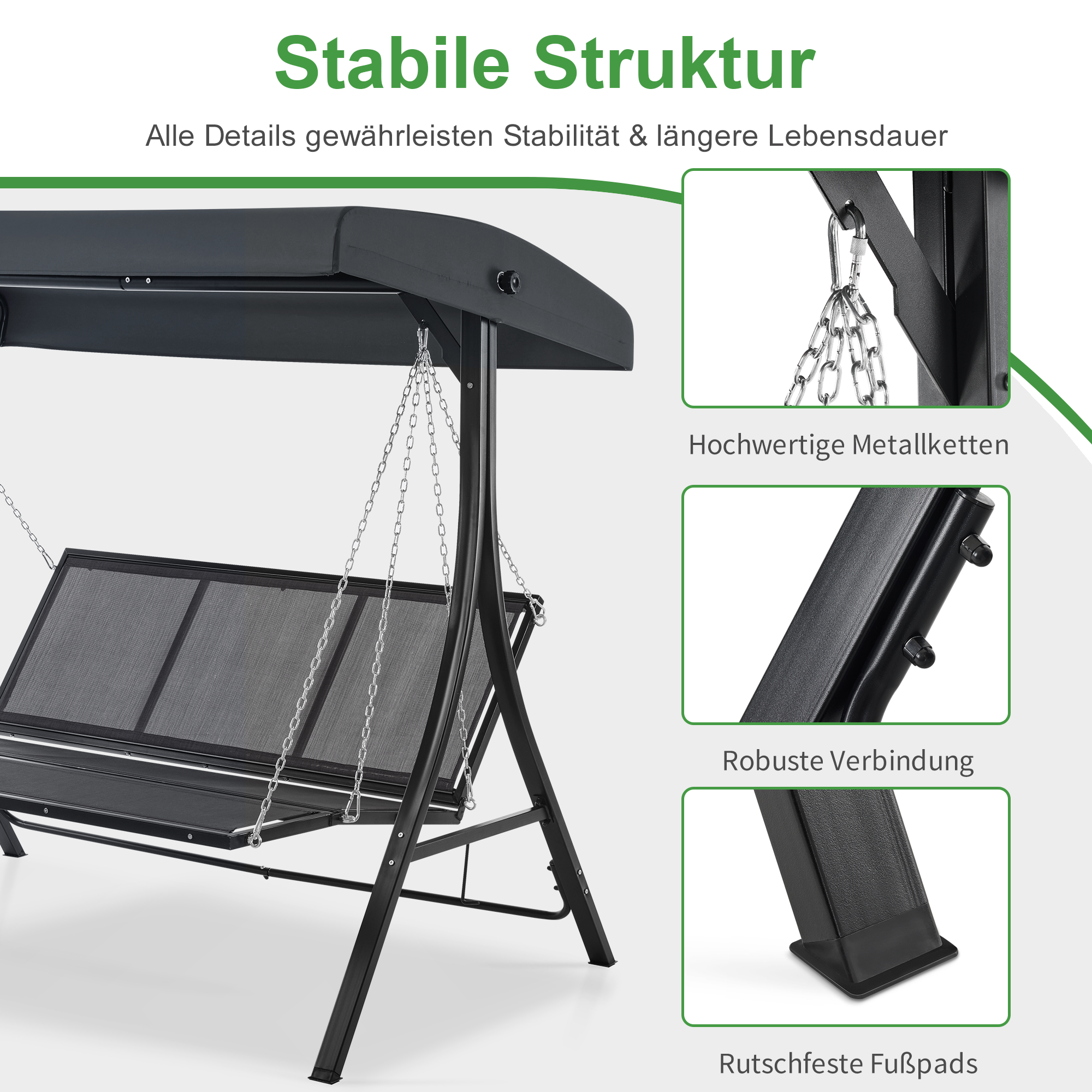 M MCombo Hollywoodschaukel met ligfunctie, tuinschommel 3-zitter weerbestendig, outdoor schommelbank met metalen kettingen, verstelbaar dak, 123*194*169 cm, 8018 (Donkergrijs)