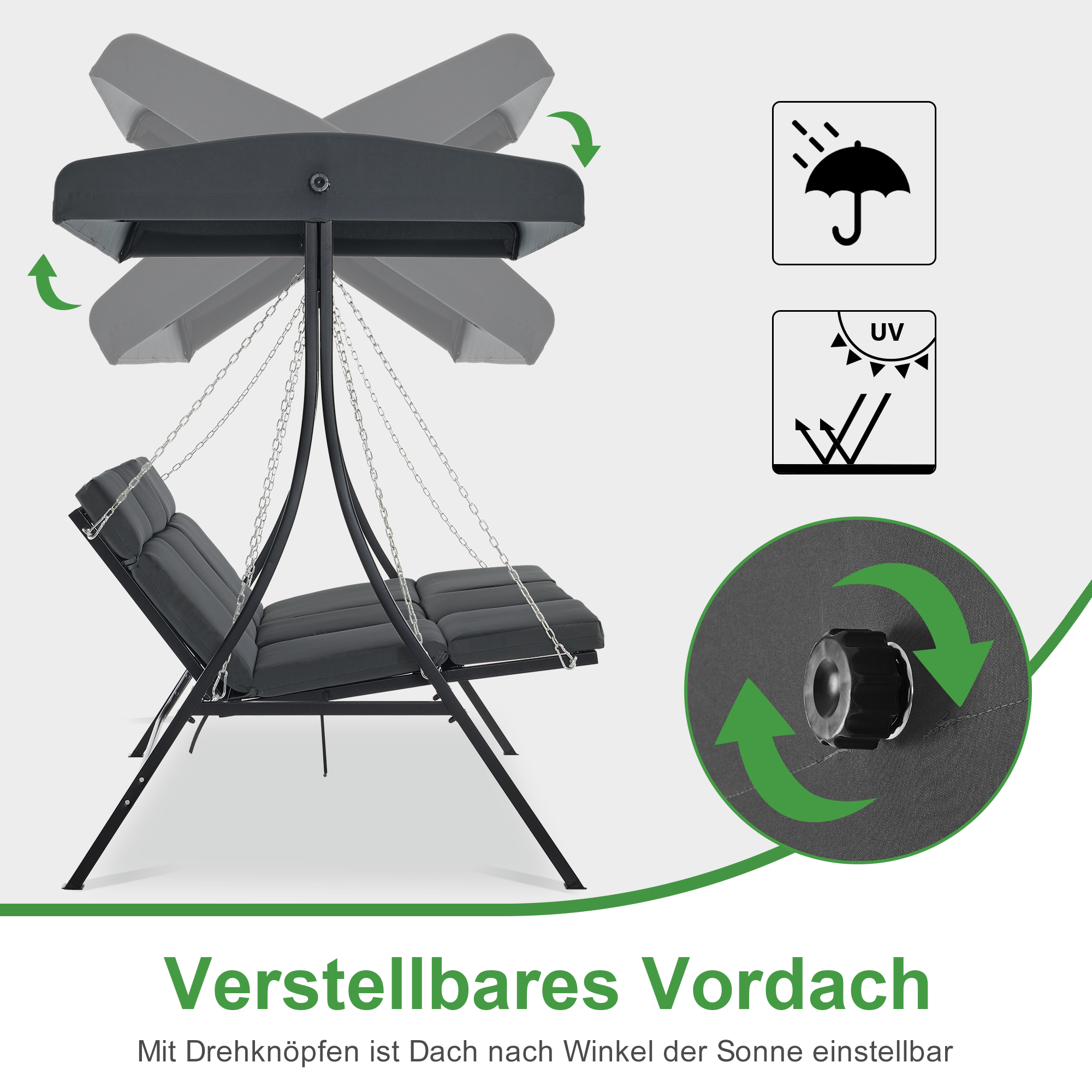 M MCombo Hollywoodschaukel met ligfunctie, tuinschommel 3-zitter weerbestendig, outdoor schommelbank met metalen kettingen, verstelbaar dak, 123*194*169 cm, 8018 (Donkergrijs)