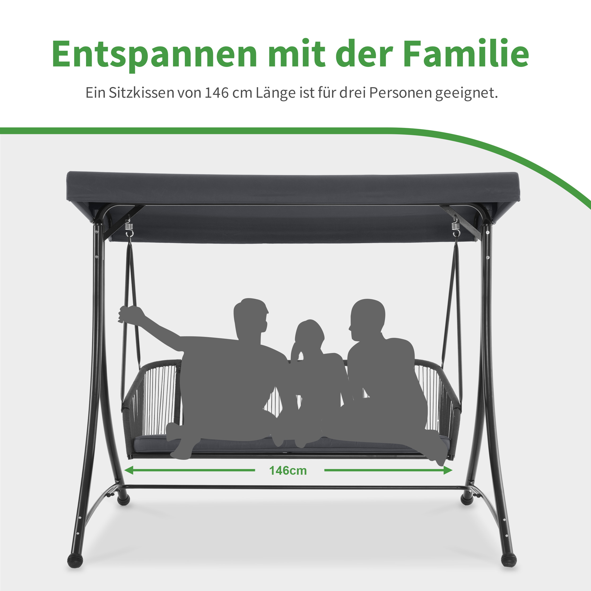M MCombo Hollywoodschaukel 3-Sitzer, Gartenschaukel met Verstelbaar Zonnescherm, Schaukelbank Buiten, Tuinligstoel Weerbestendig, Zitkussen Afwasbaar 8026 (Donkergrijs)