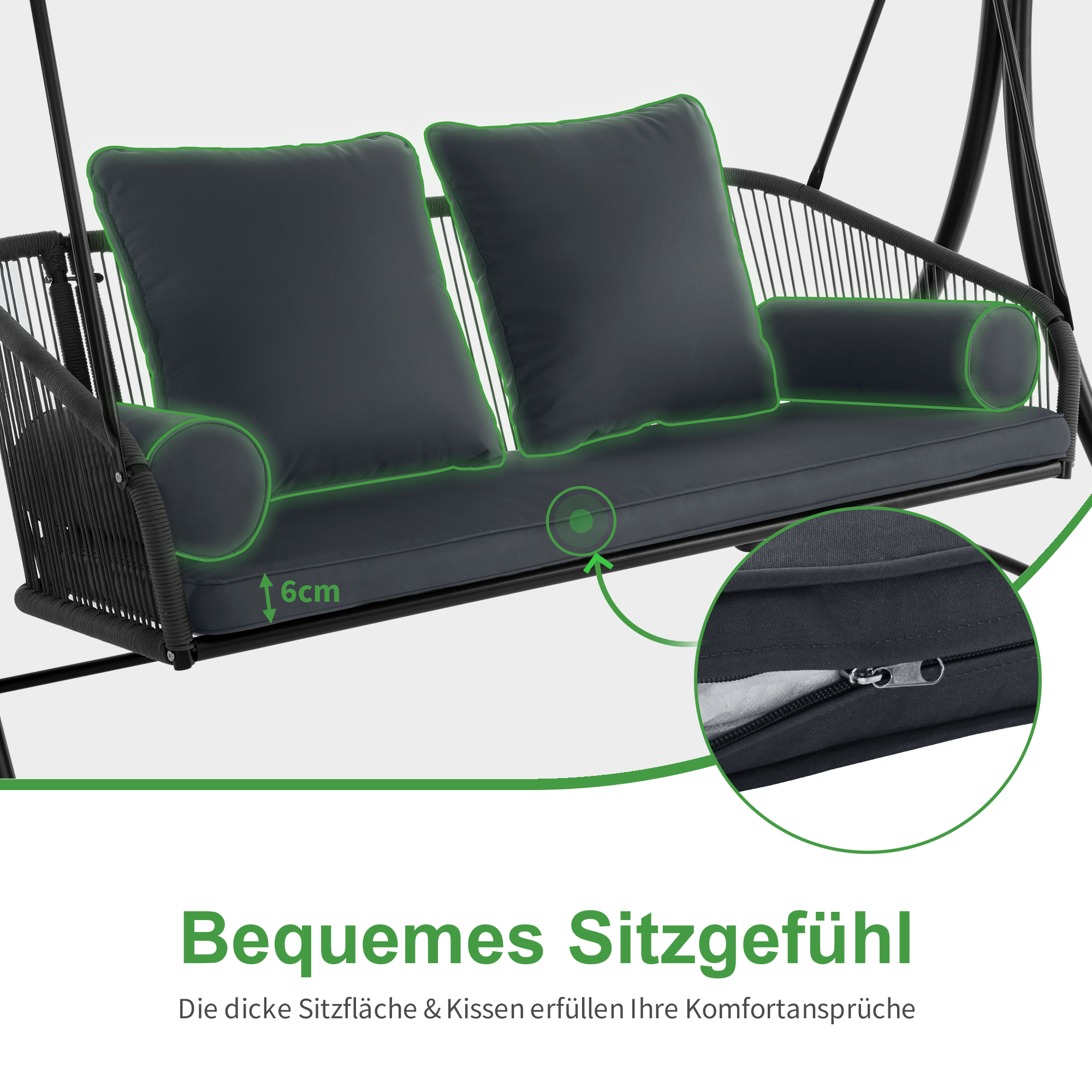 M MCombo Hollywoodschaukel 3-Sitzer, Gartenschaukel met Verstelbaar Zonnescherm, Schaukelbank Buiten, Tuinligstoel Weerbestendig, Zitkussen Afwasbaar 8026 (Donkergrijs)