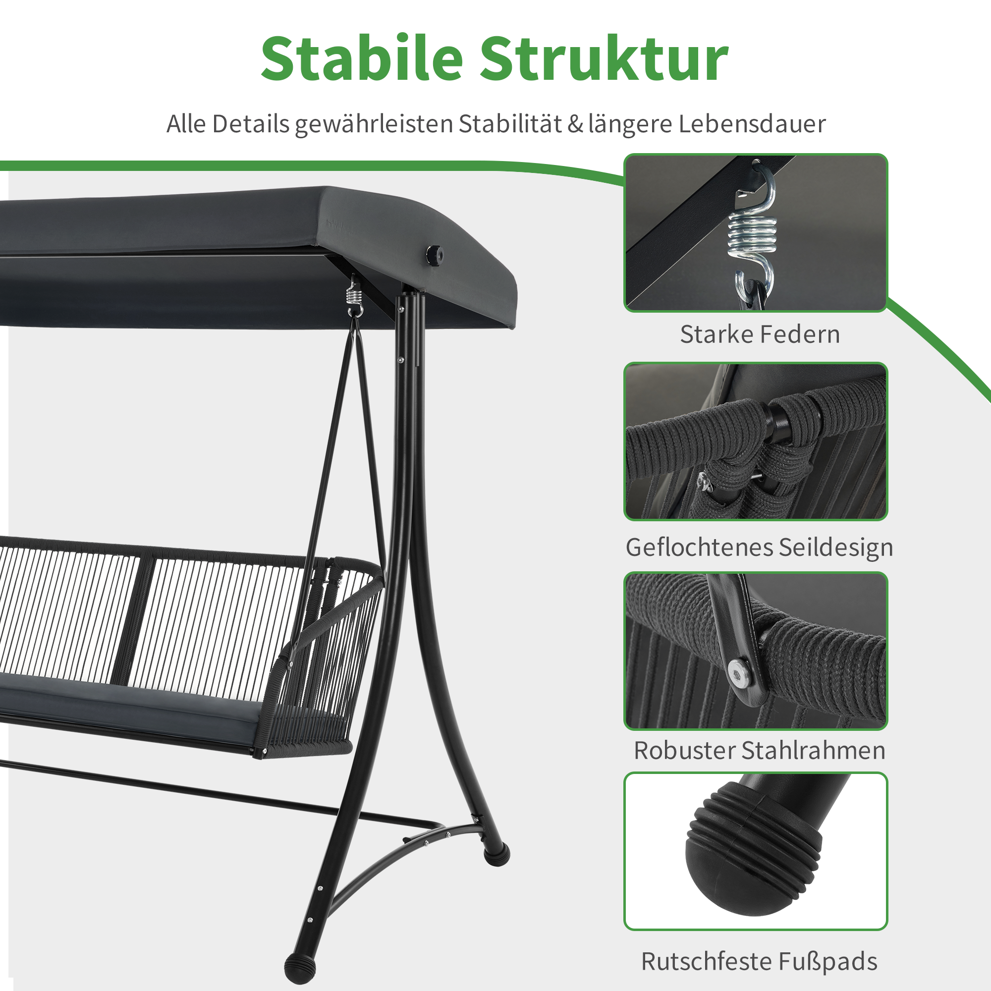 M MCombo Hollywoodschaukel 3-Sitzer, Gartenschaukel met Verstelbaar Zonnescherm, Schaukelbank Buiten, Tuinligstoel Weerbestendig, Zitkussen Afwasbaar 8026 (Donkergrijs)