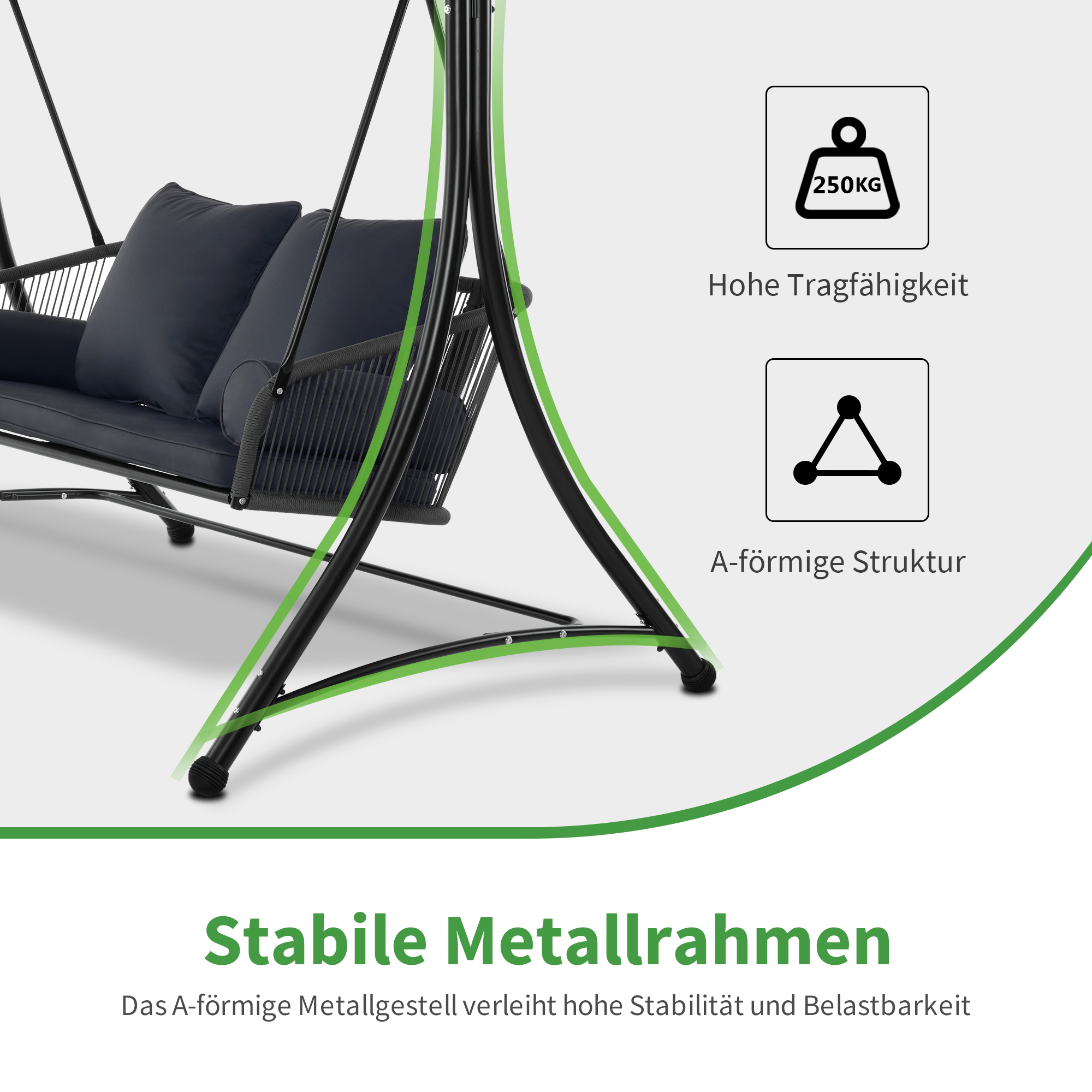 M MCombo Hollywoodschaukel 3-Sitzer, Gartenschaukel met Verstelbaar Zonnescherm, Schaukelbank Buiten, Tuinligstoel Weerbestendig, Zitkussen Afwasbaar 8026 (Donkergrijs)