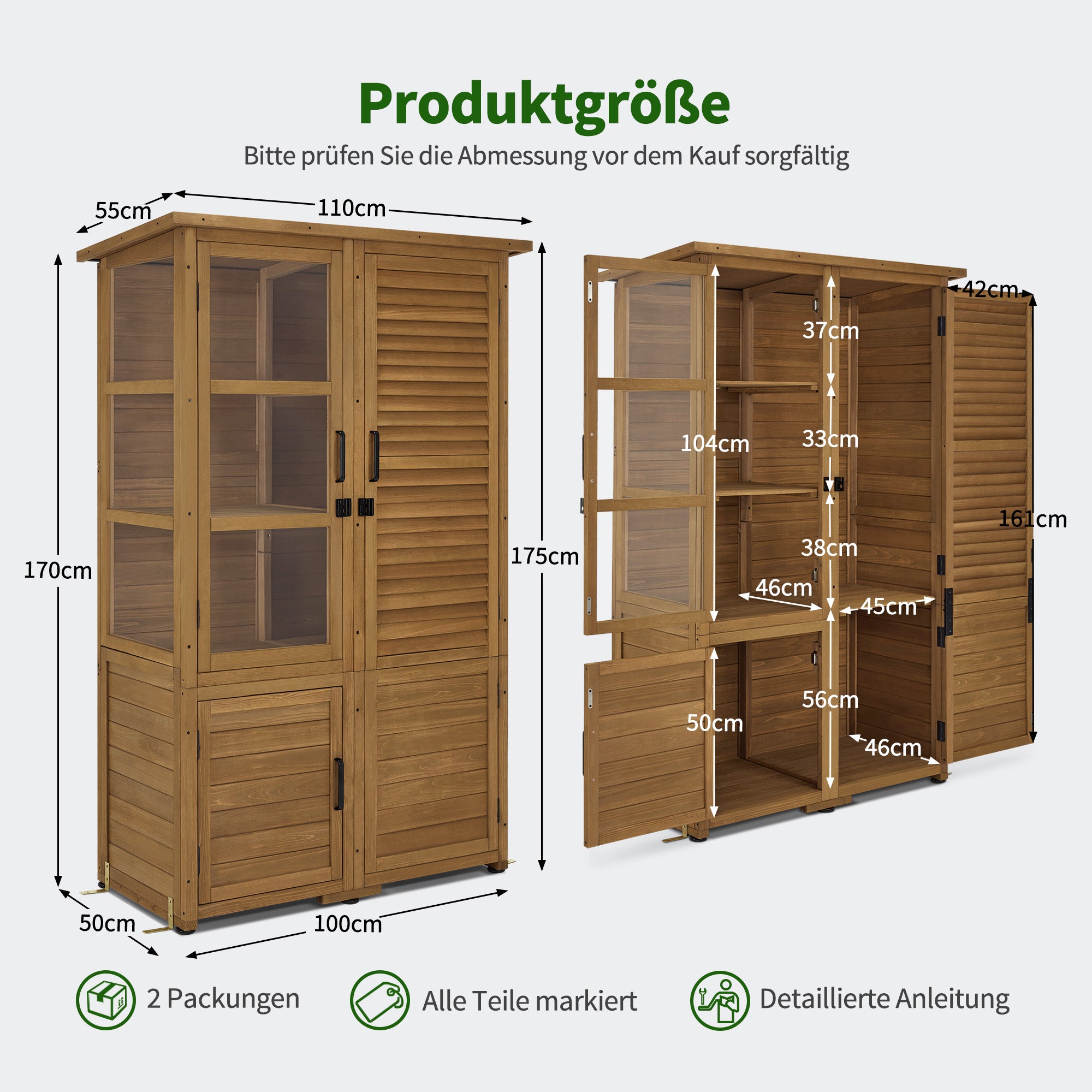 MCombo Casetta da giardino in legno, resistente alle intemperie e impermeabile, ideale per balconi e terrazze. Dotata di 3 ripiani rimovibili, dimensioni 55×110×175 cm, codice 0130D (Naturale).