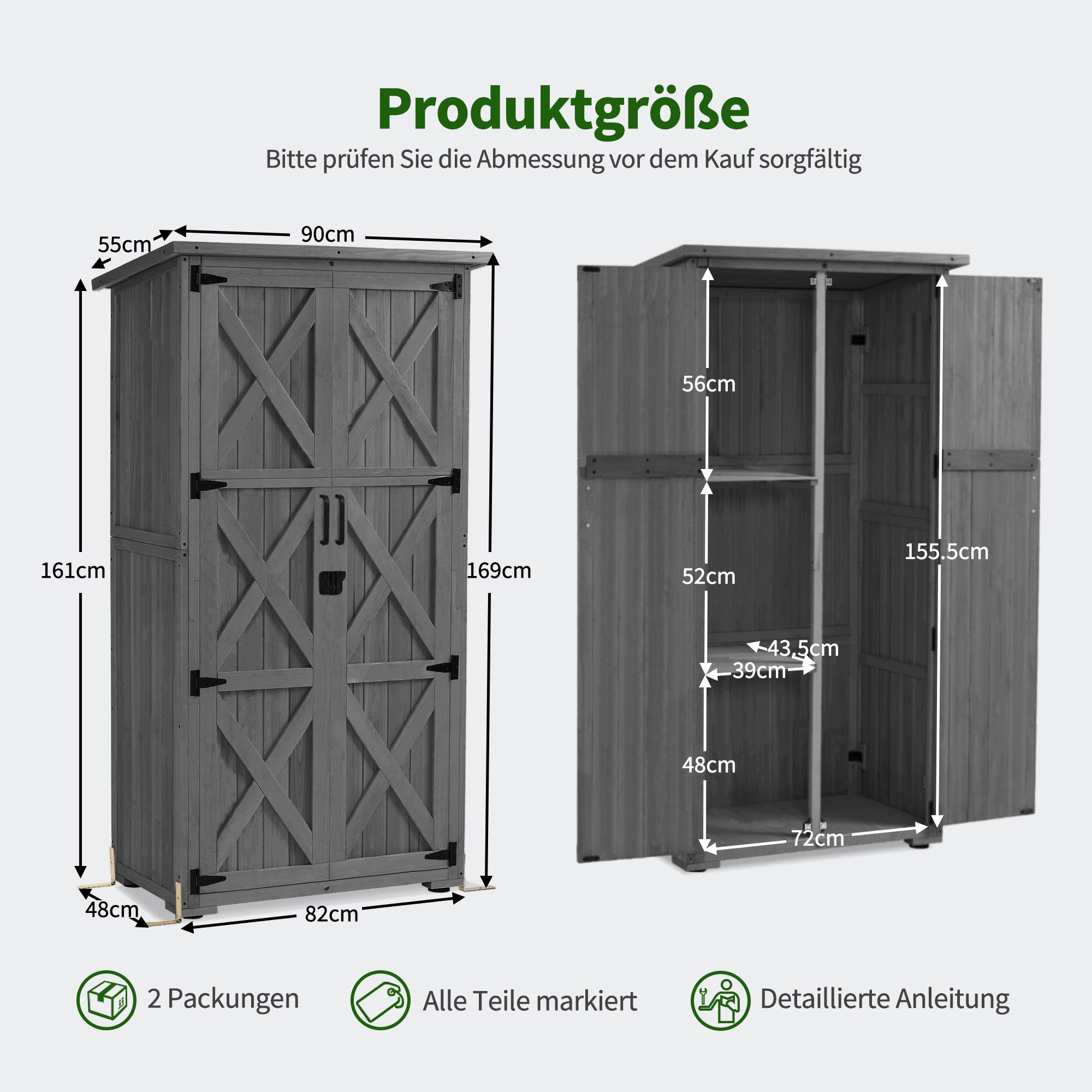 M MCombo houten tuinkast, klein weerbestendig tuinhuisje, outdoor bergruimte voor tuingereedschap, voor buiten, balkon en terras, 55×90×169cm, 0878-F