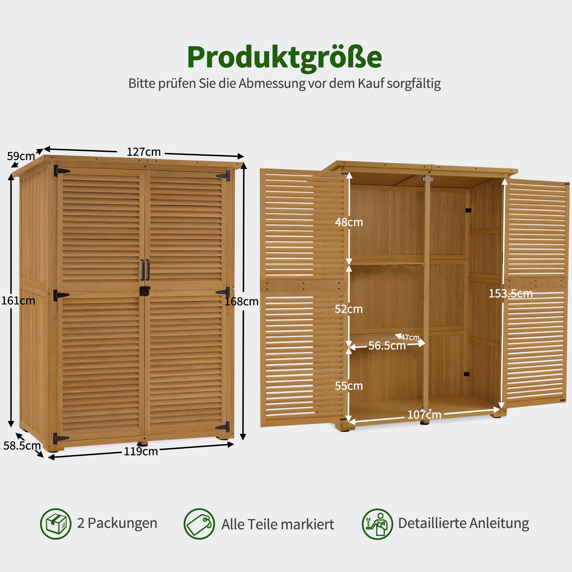 M MCombo Tuinkast Hout, Klein Tuinhuis Weerbestendig, Outdoor Gereedschapsopslag, voor Buiten Balkon Terras, 127×59×168 cm, 0901D (Natuurlijk)